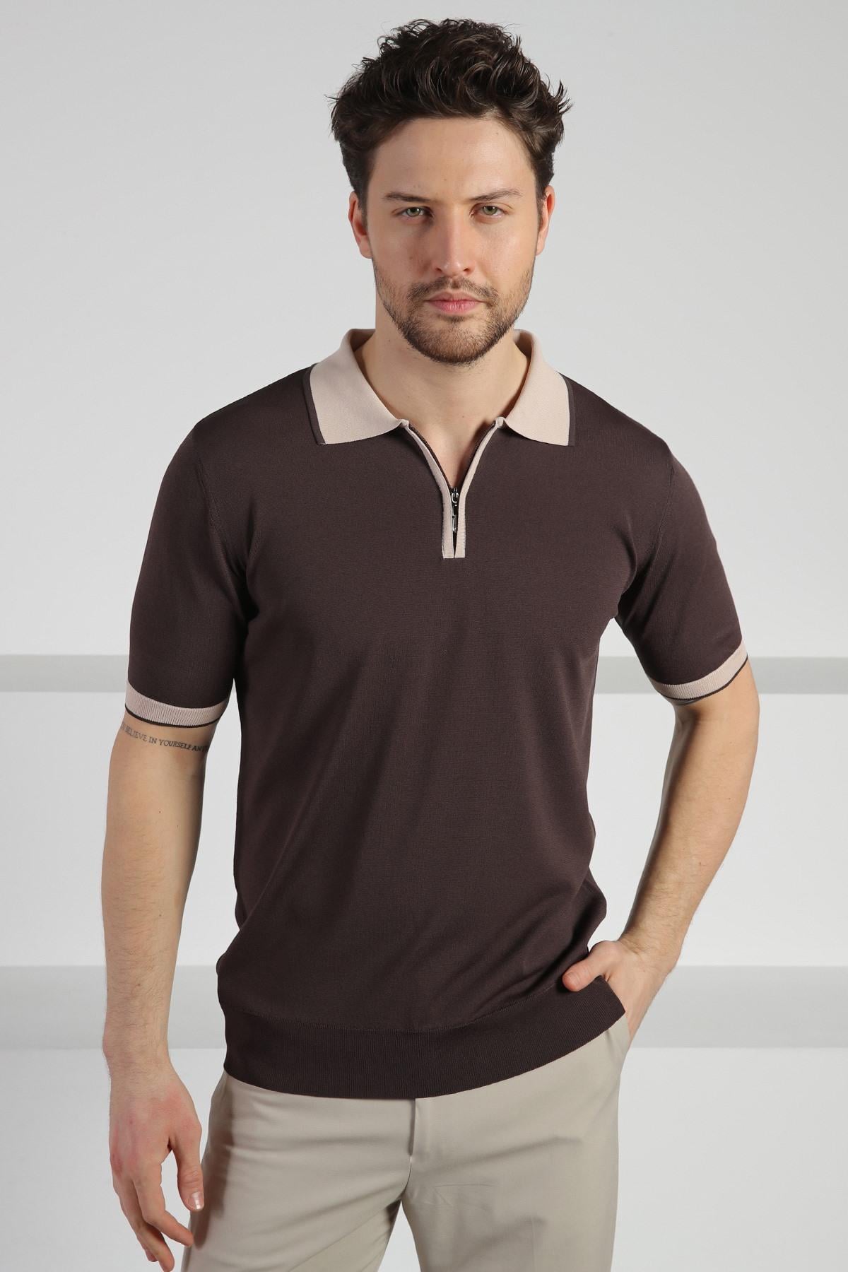 Ferraro Kahve Fermuarlı Polo Yaka Erkek Rayon Triko T-Shirt