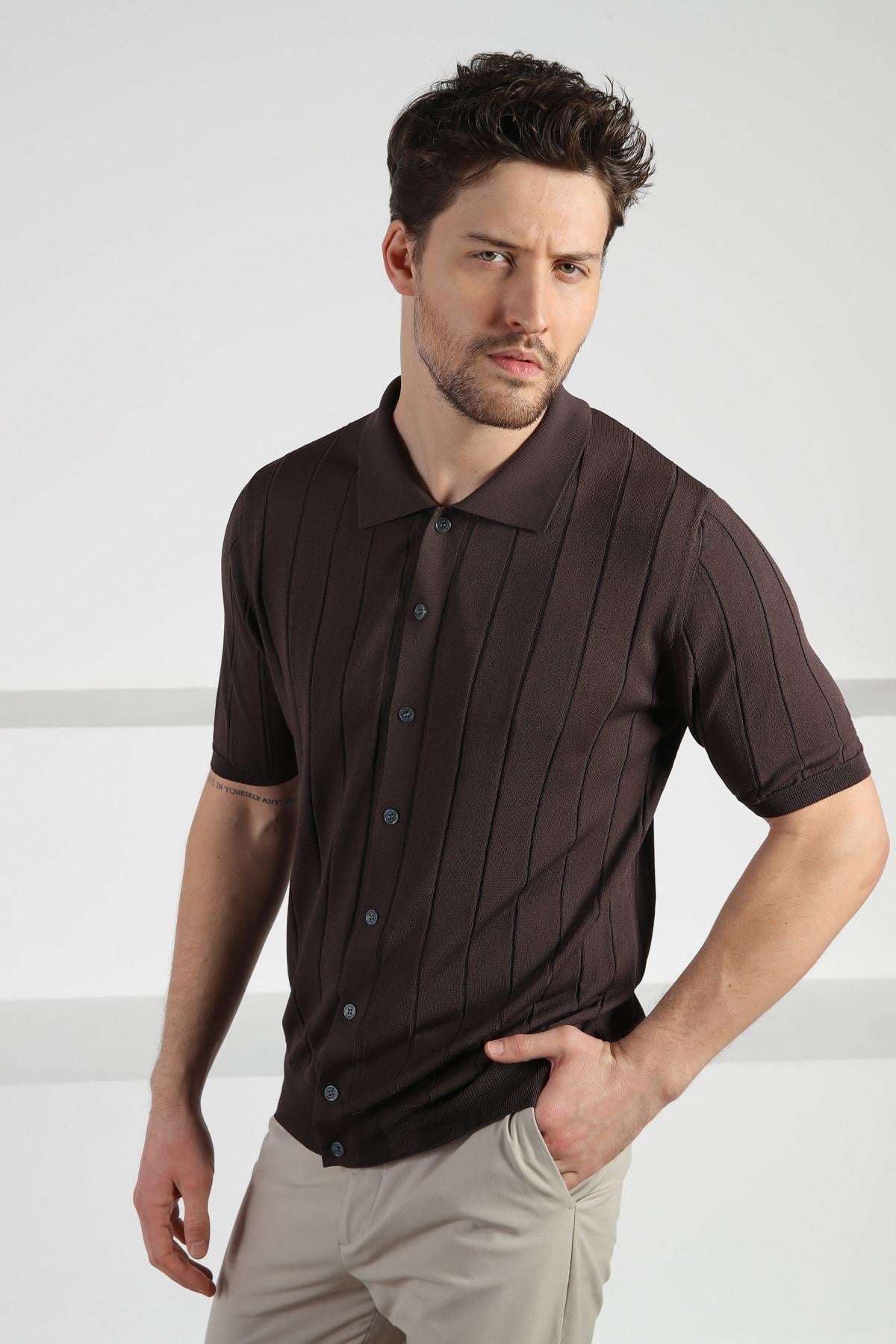 Ferraro Kahve Önü Düğmeli Polo Yaka Erkek Rayon Triko T-Shirt