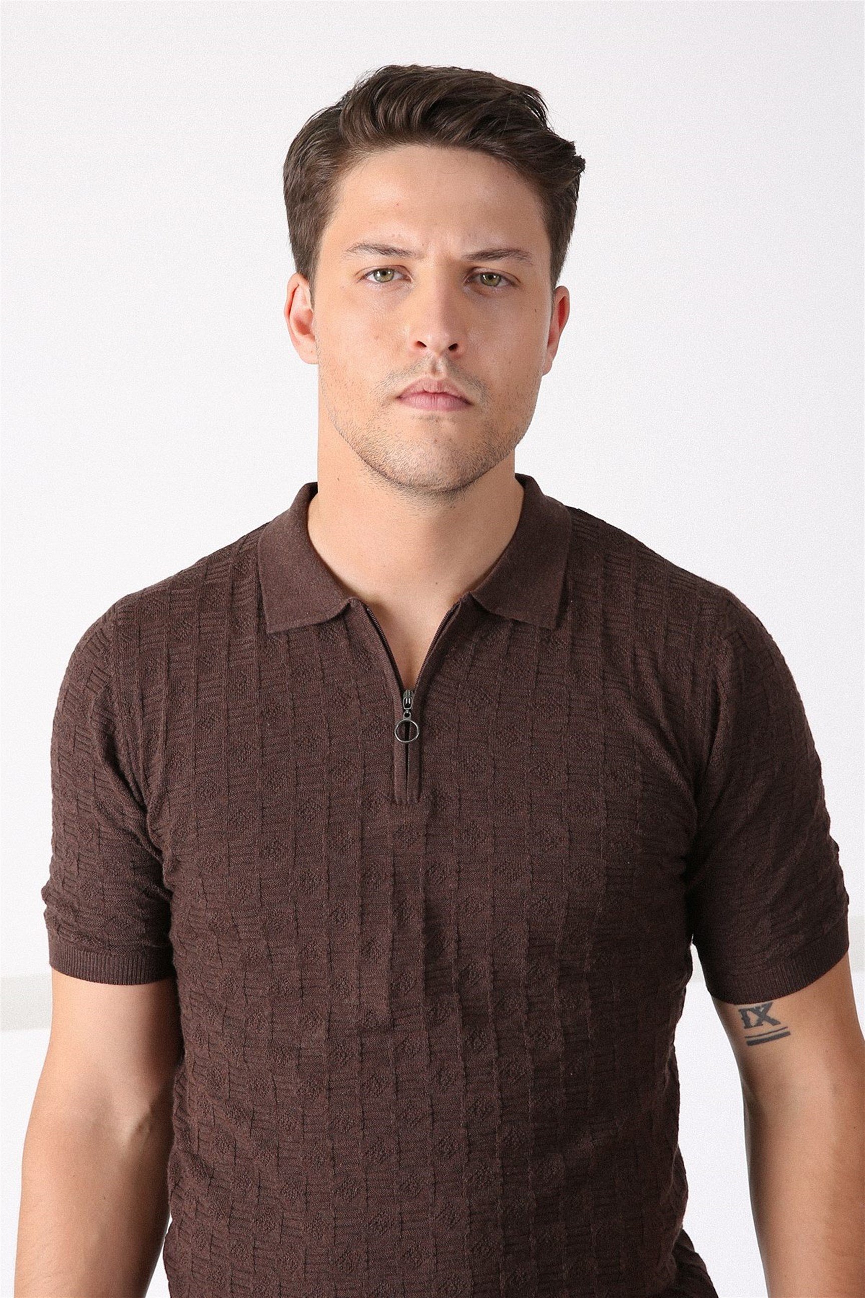 Ferraro Kahve Polo Yaka Fermuarlı Erkek Pamuk Triko T-Shirt