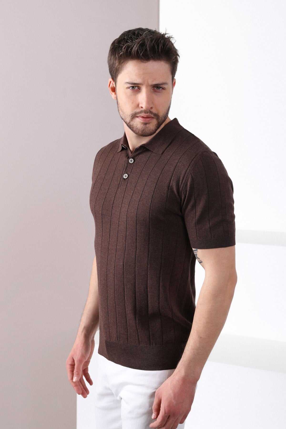 Ferraro Kahve Polo Yaka Fitilli Erkek Pamuk Triko T-Shirt