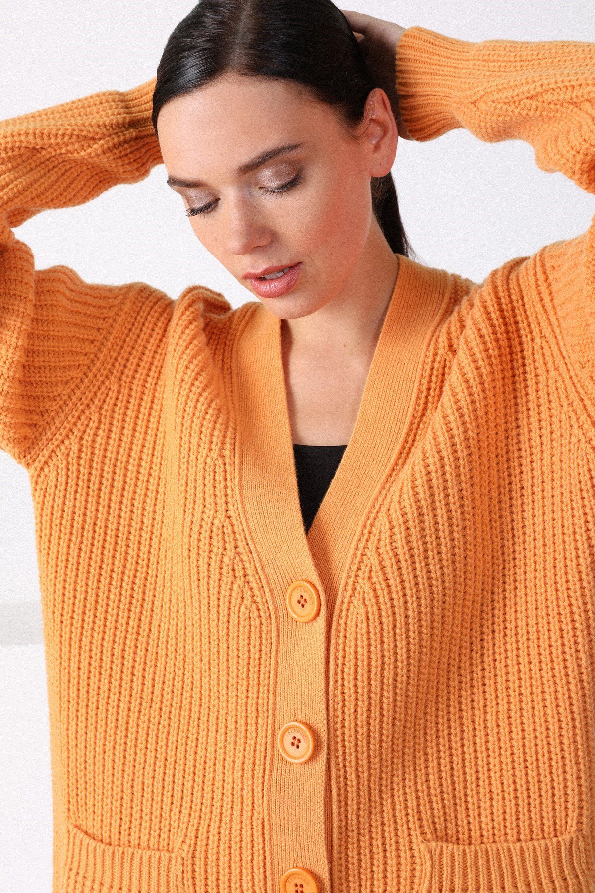 Ferraro Kayısı Kuzu Yünü Oversize Kadın Triko Hırka