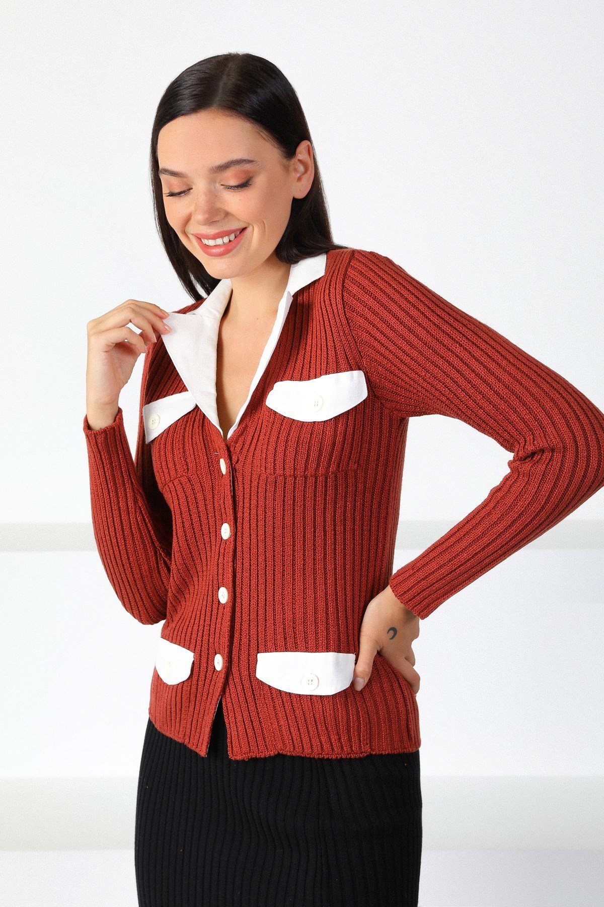 Ferraro Kiremit Gömlek Yaka Kadın Triko Hırka