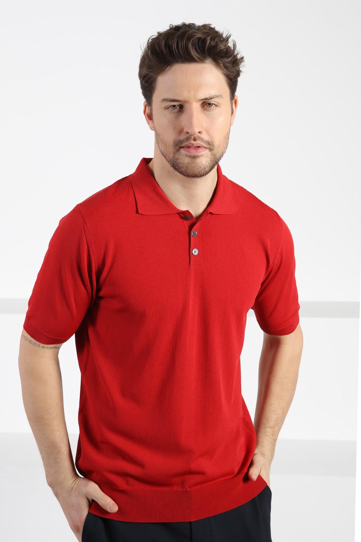 Ferraro Kırmızı Düğmeli Polo Yaka Erkek Rayon Triko T-Shirt