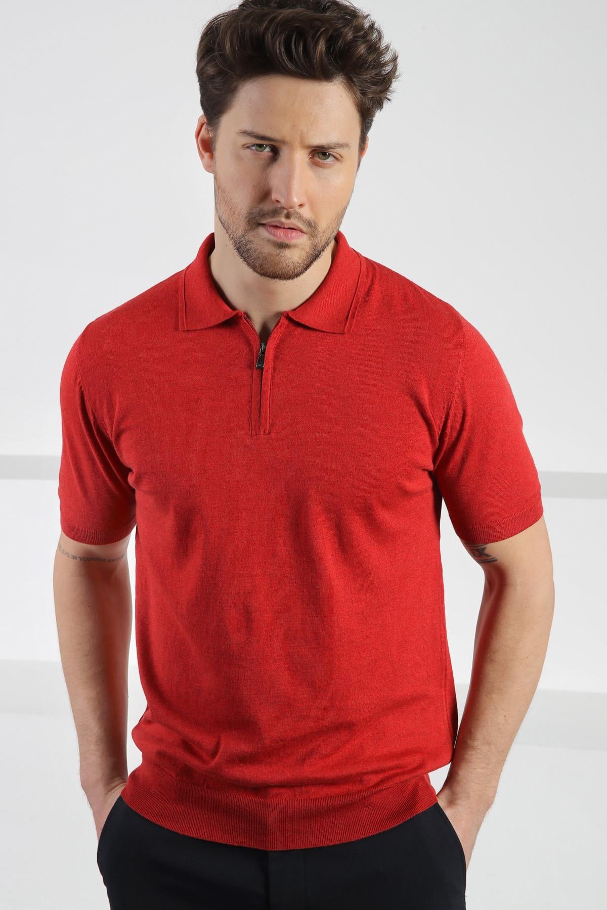 Ferraro Kırmızı Polo Yaka Fermuarlı Erkek Pamuk Triko T-Shirt