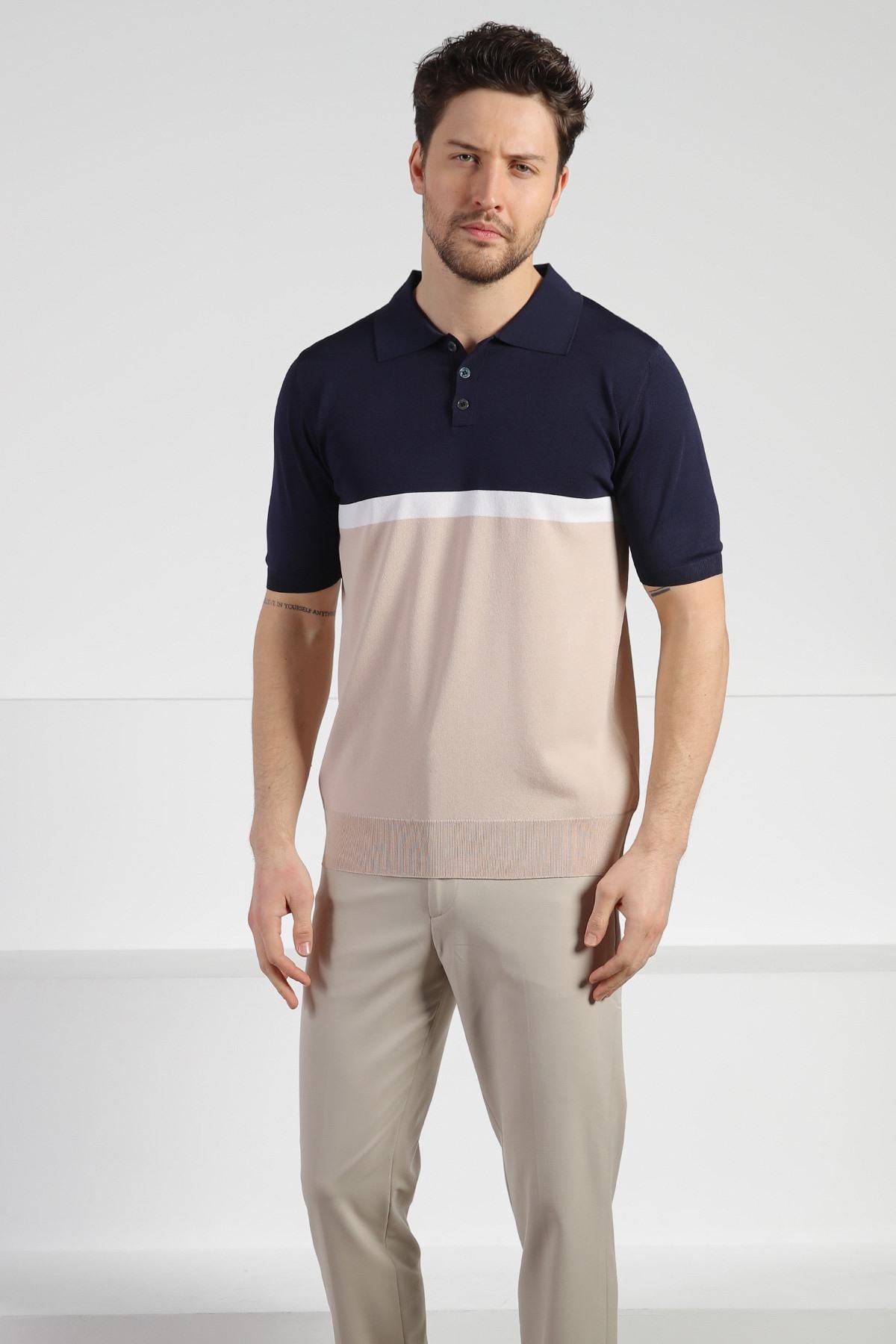 Ferraro Laci/Bej Düğmeli Polo Yaka Erkek Rayon Triko T-Shirt