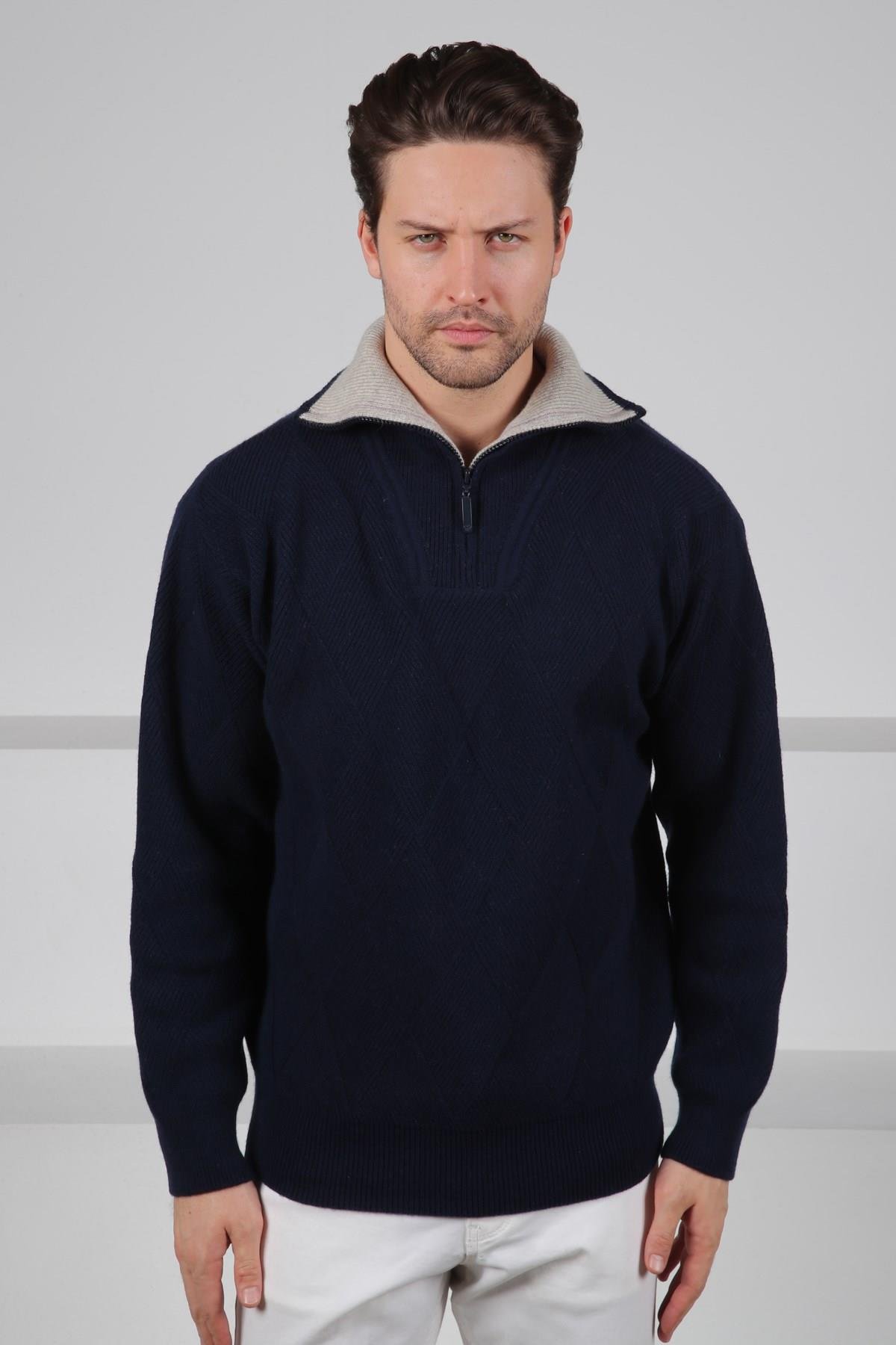 Ferraro Lacivert Balıkçı Yaka Fermuarlı Kabartma Desenli Uzun Kollu %100 Kuzu Yünü Erkek Triko Kazak