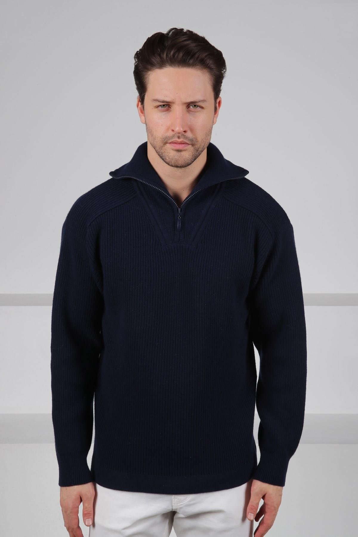 Ferraro Lacivert Balıkçı Yaka Fermuarlı Fitilli Uzun Kollu %100 Kuzu Yünü Erkek Triko Kazak