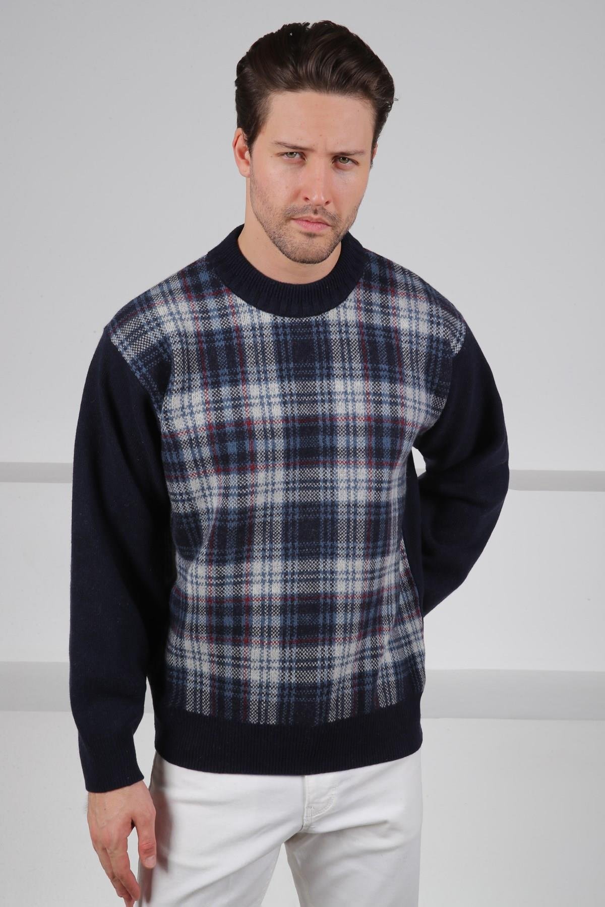 Ferraro Lacivert Bisiklet Yaka Önü Çizgili Uzun Kollu Kuzu Yünü Karışımlı Erkek Triko Kazak