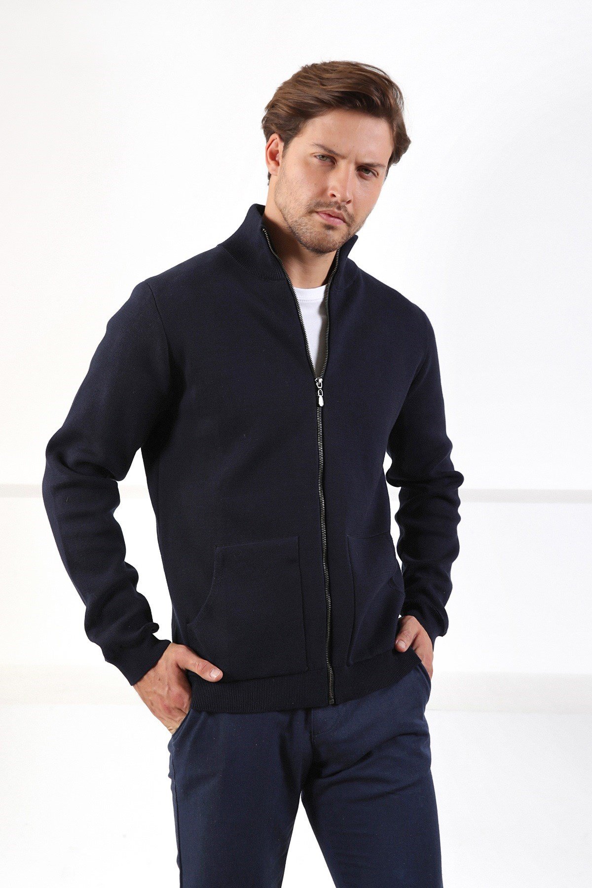 Ferraro Lacivert Çift Cep %100 Pamuk Erkek Triko Hırka