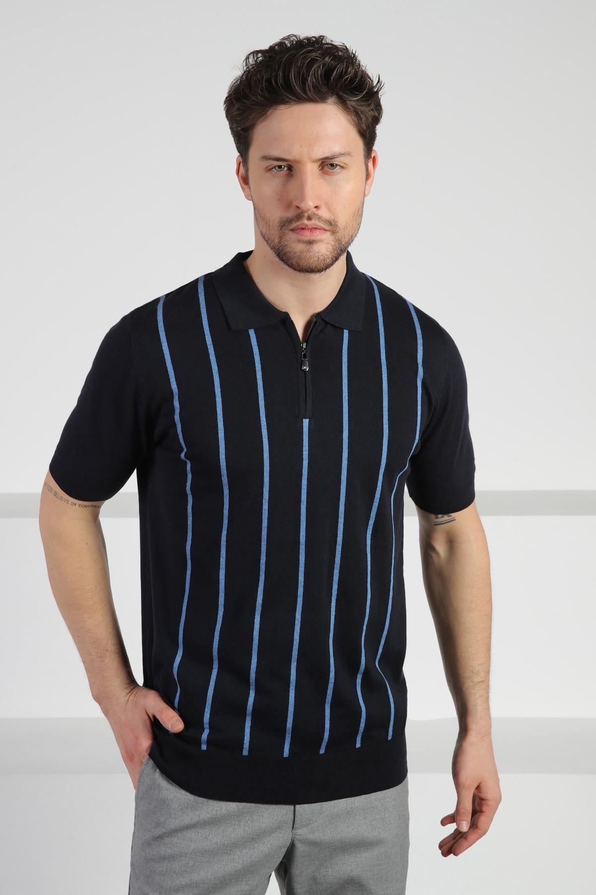 Ferraro Lacivert Fermuarlı Polo Yaka %100 Pamuk Erkek Triko T-Shirt