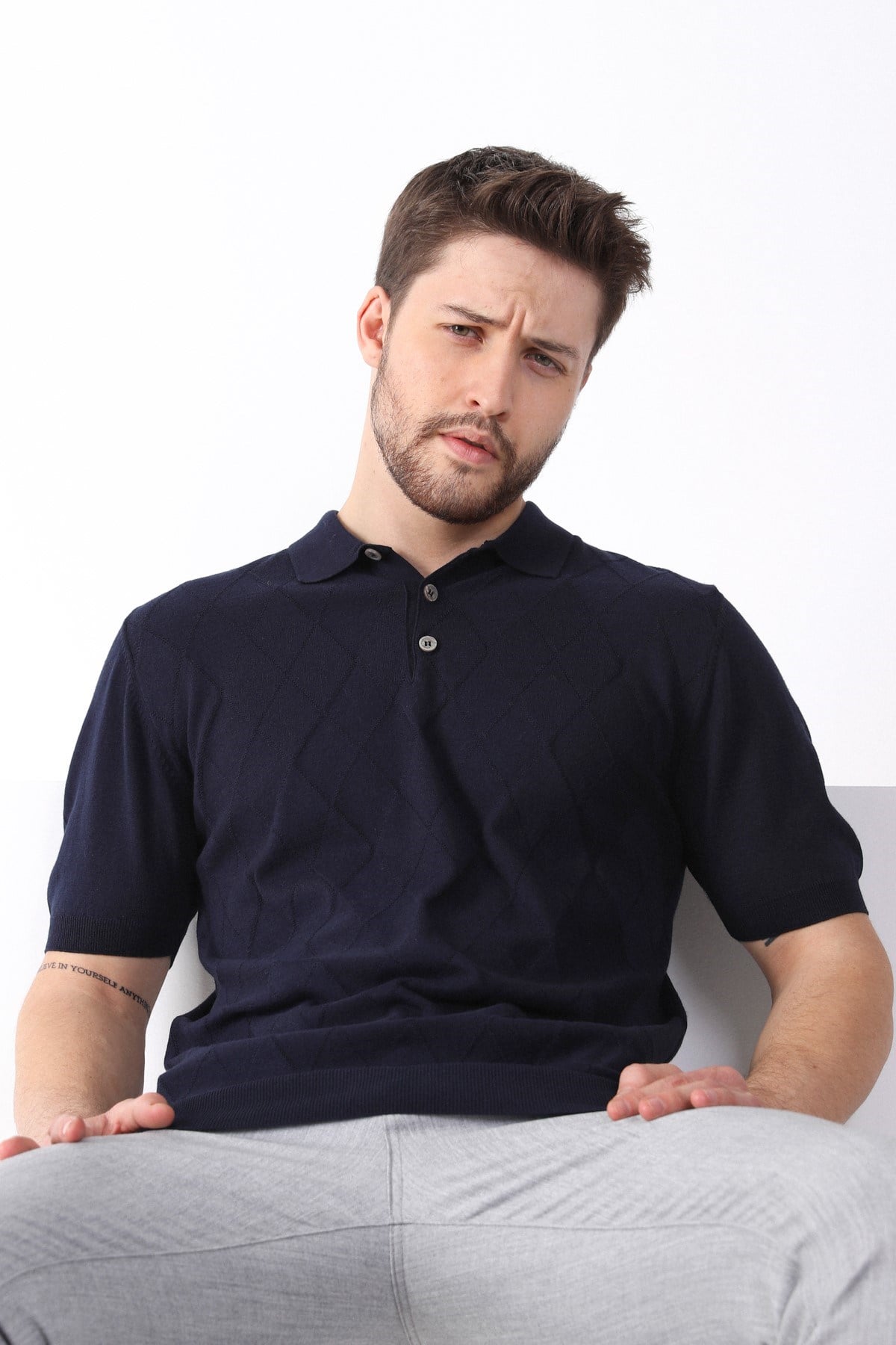 Ferraro Lacivert Polo Yaka Baklava Desen Erkek Pamuk Triko T-Shirt