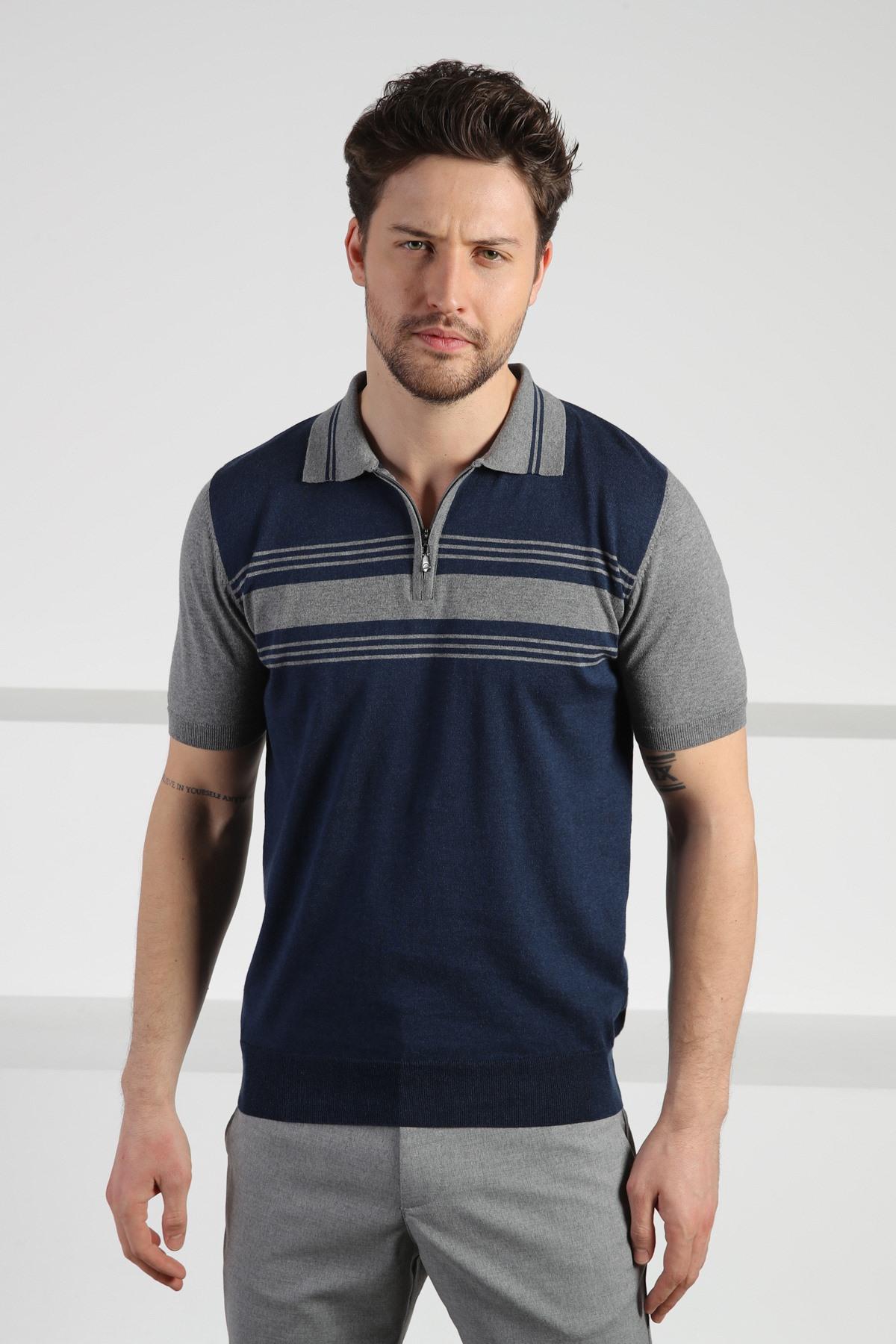 Ferraro Lacivert Polo Yaka Çizgili Fermuarlı Erkek Pamuk Triko T-Shirt