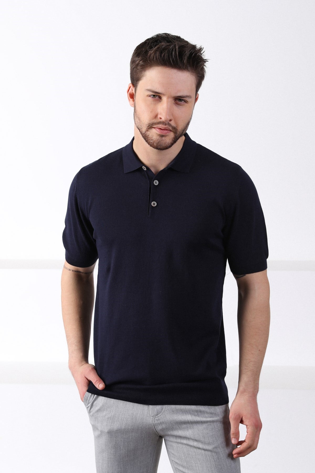 Ferraro Lacivert Polo Yaka Düz Renk Erkek Pamuk Triko T-Shirt