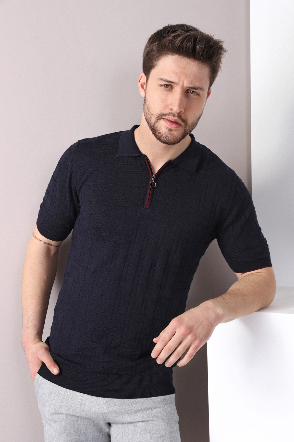 Ferraro Lacivert Polo Yaka Fermuarlı Erkek Pamuk Triko T-Shirt
