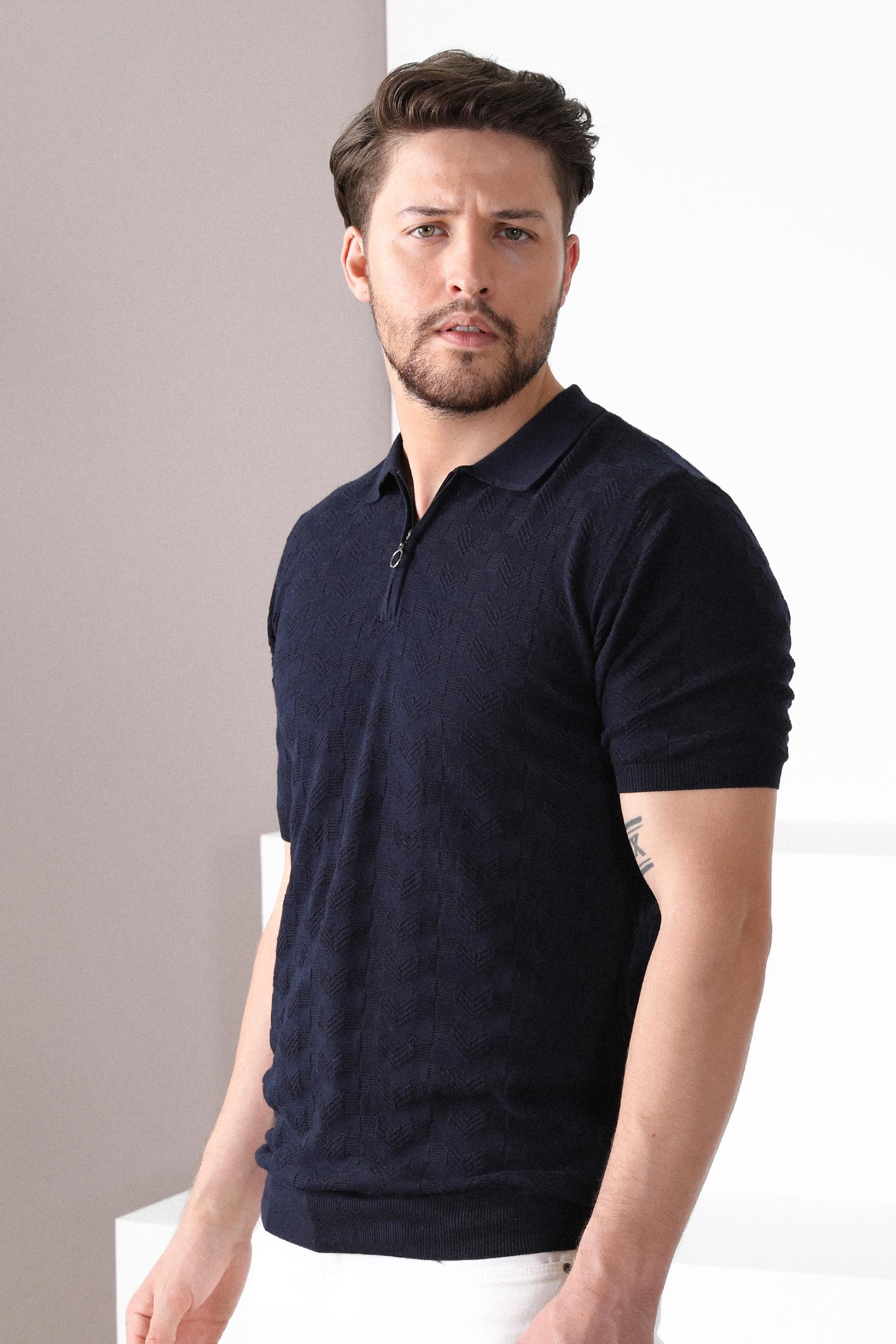 Ferraro Lacivert Polo Yaka Fermuarlı Erkek Pamuk Triko T-Shirt