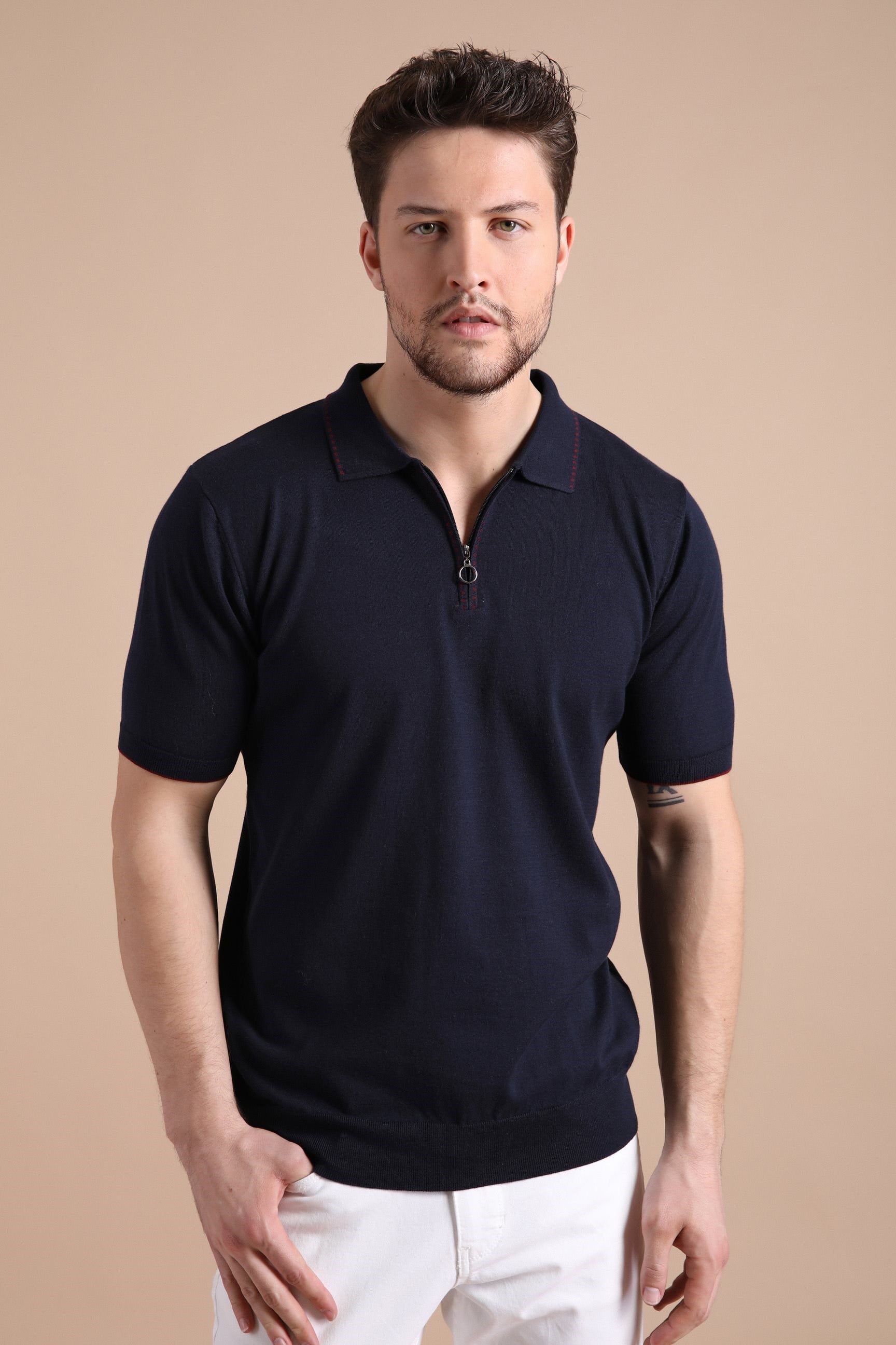 Ferraro Lacivert Polo Yaka Fermuarlı Erkek Pamuk Triko T-Shirt