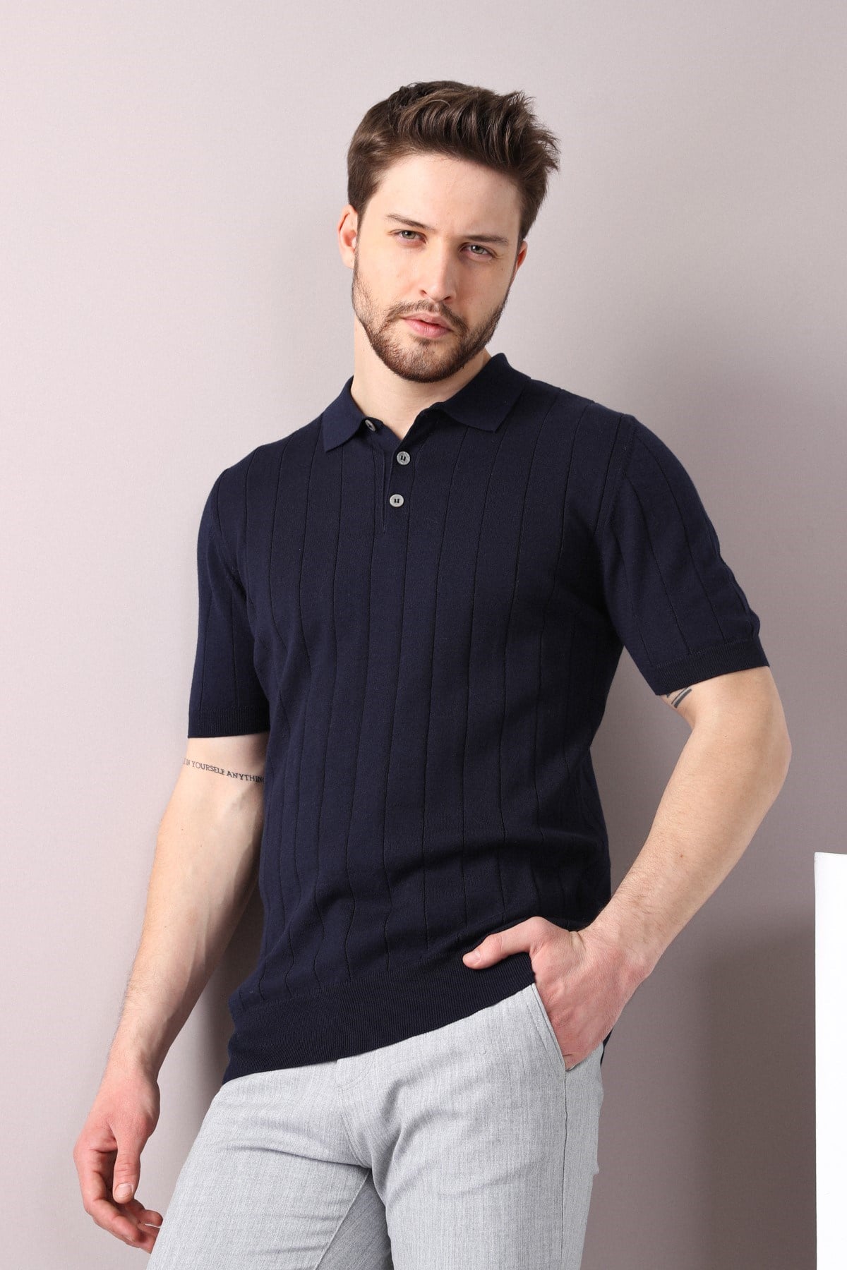 Ferraro Lacivert Polo Yaka Fitilli Erkek Pamuk Triko T-Shirt