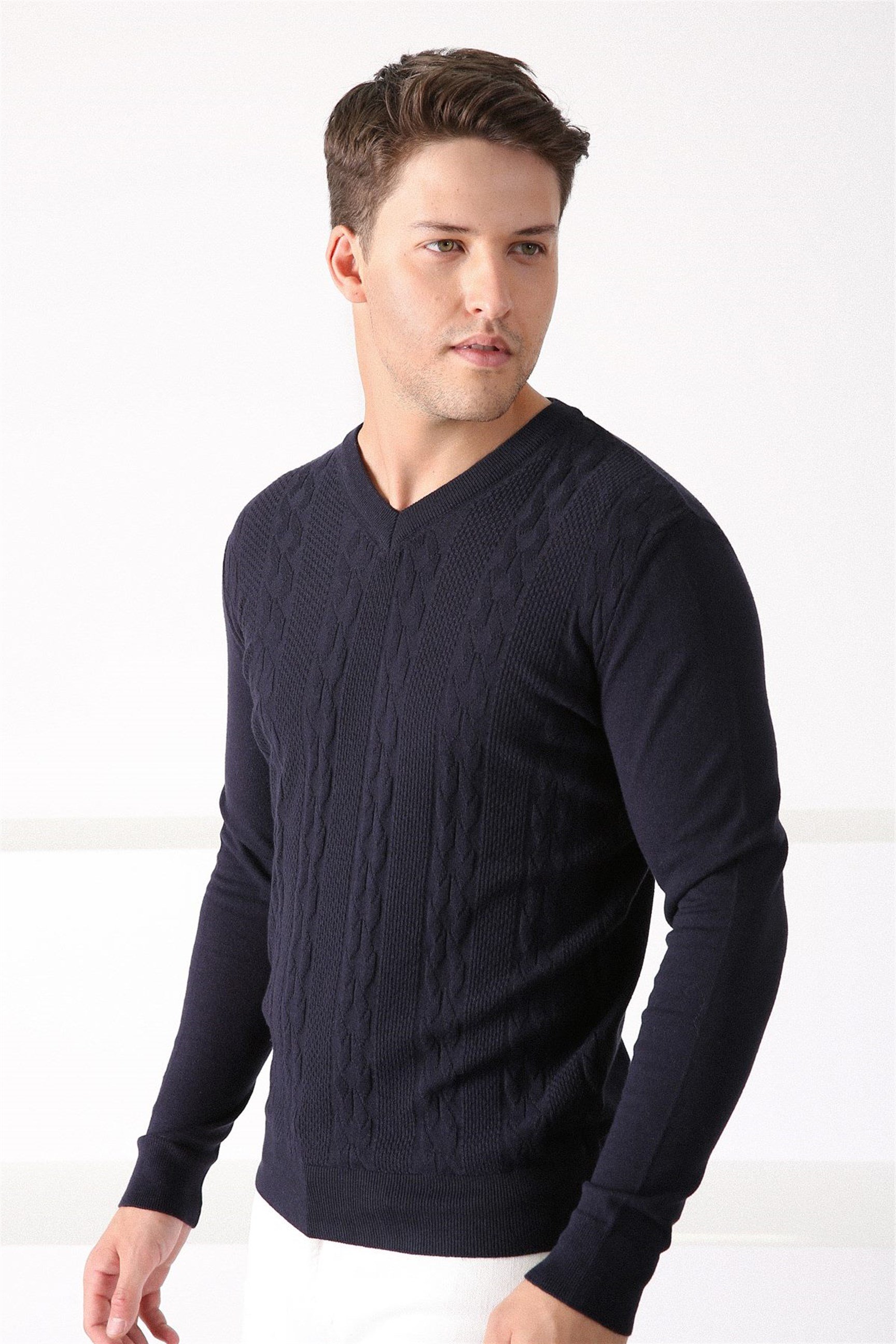 Ferraro Lacivert V Yaka Erkek Pamuk Kazak