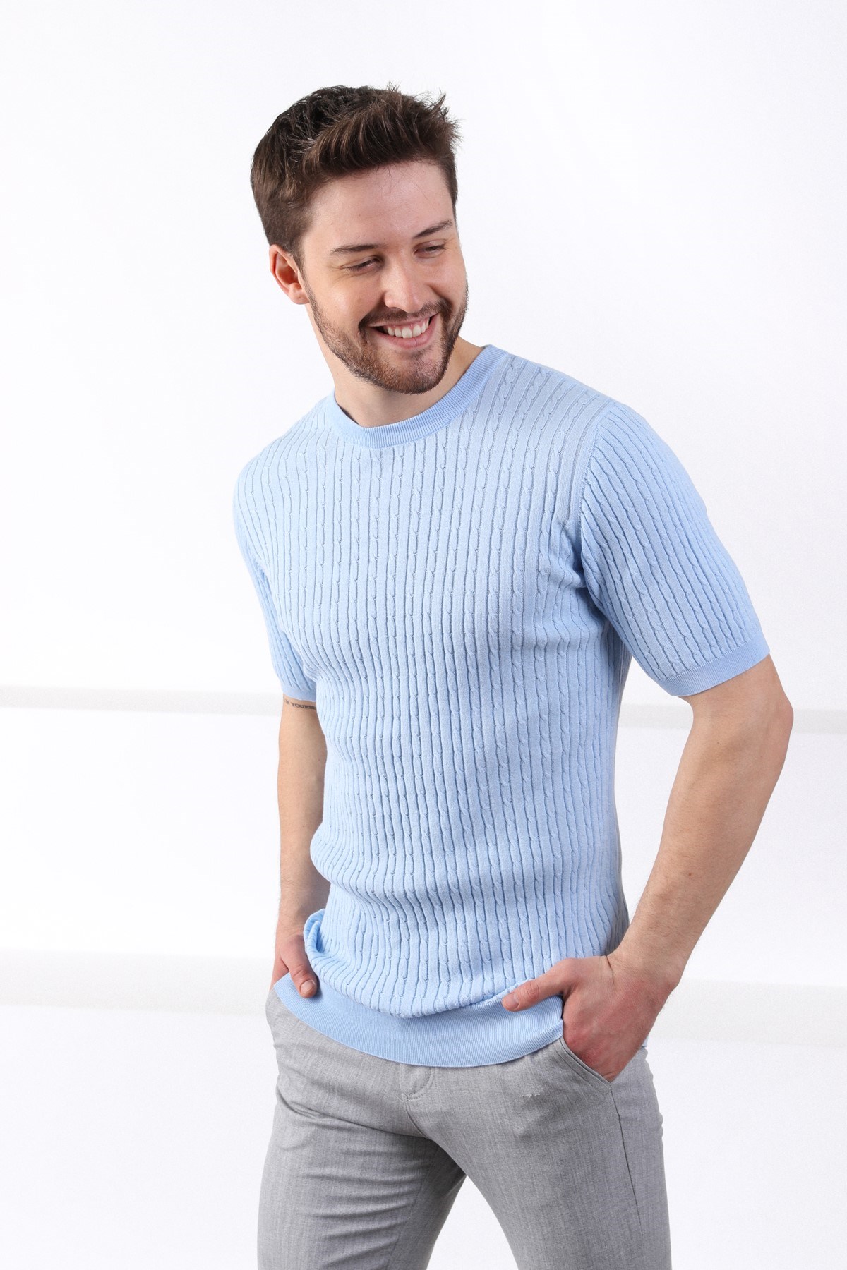 Ferraro Mavi Bisiklet Yaka Erkek Pamuk Triko T-Shirt