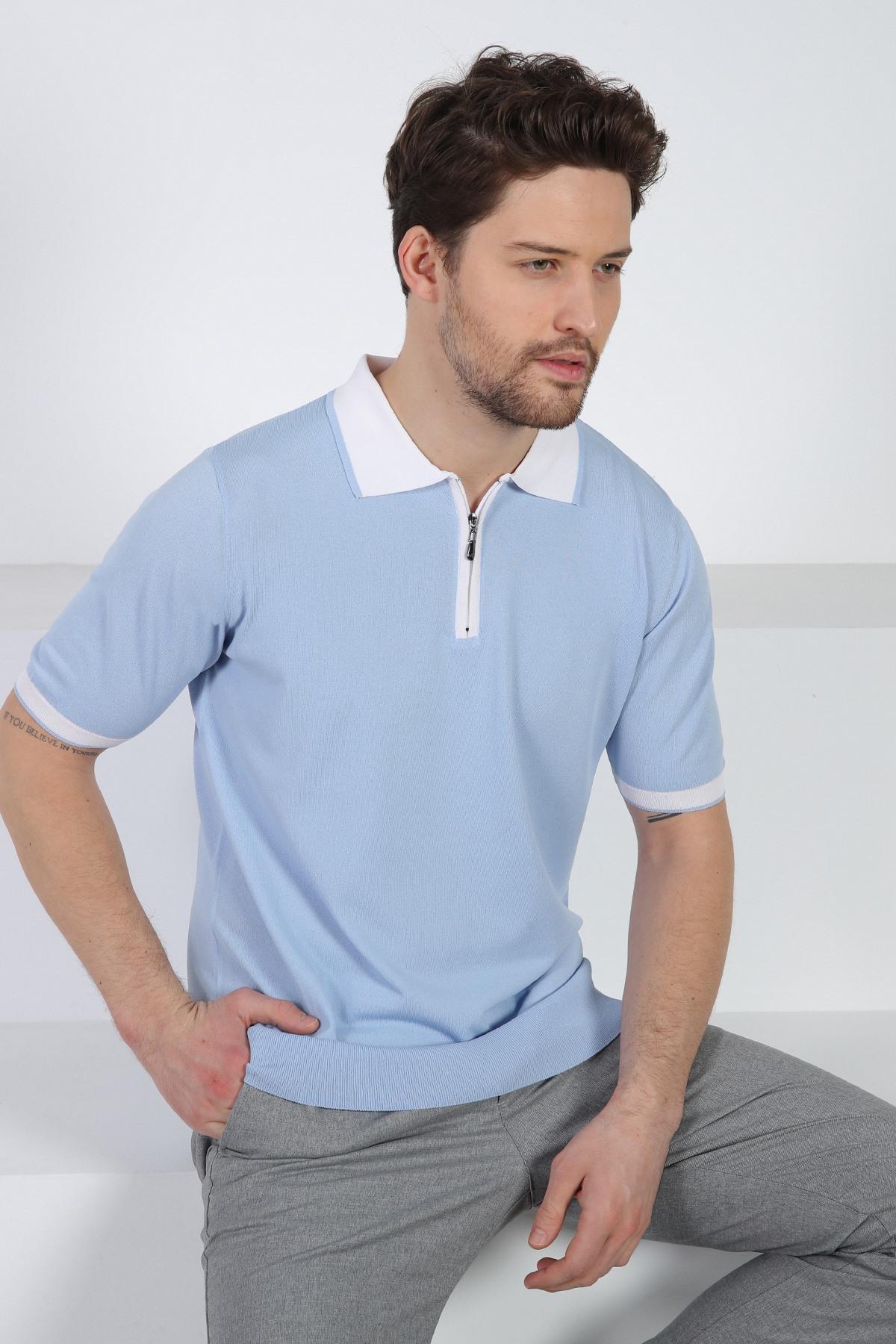 Ferraro Mavi Fermuarlı Polo Yaka Erkek Rayon Triko T-Shirt