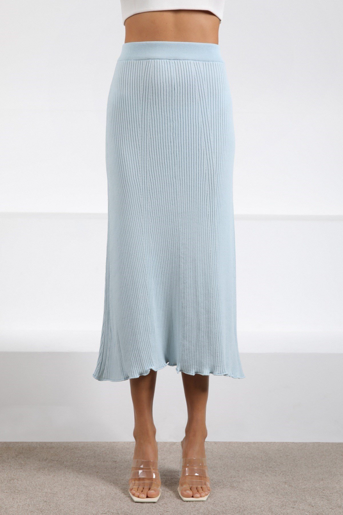 Ferraro Mavi Midi Boy Kadın Triko Etek