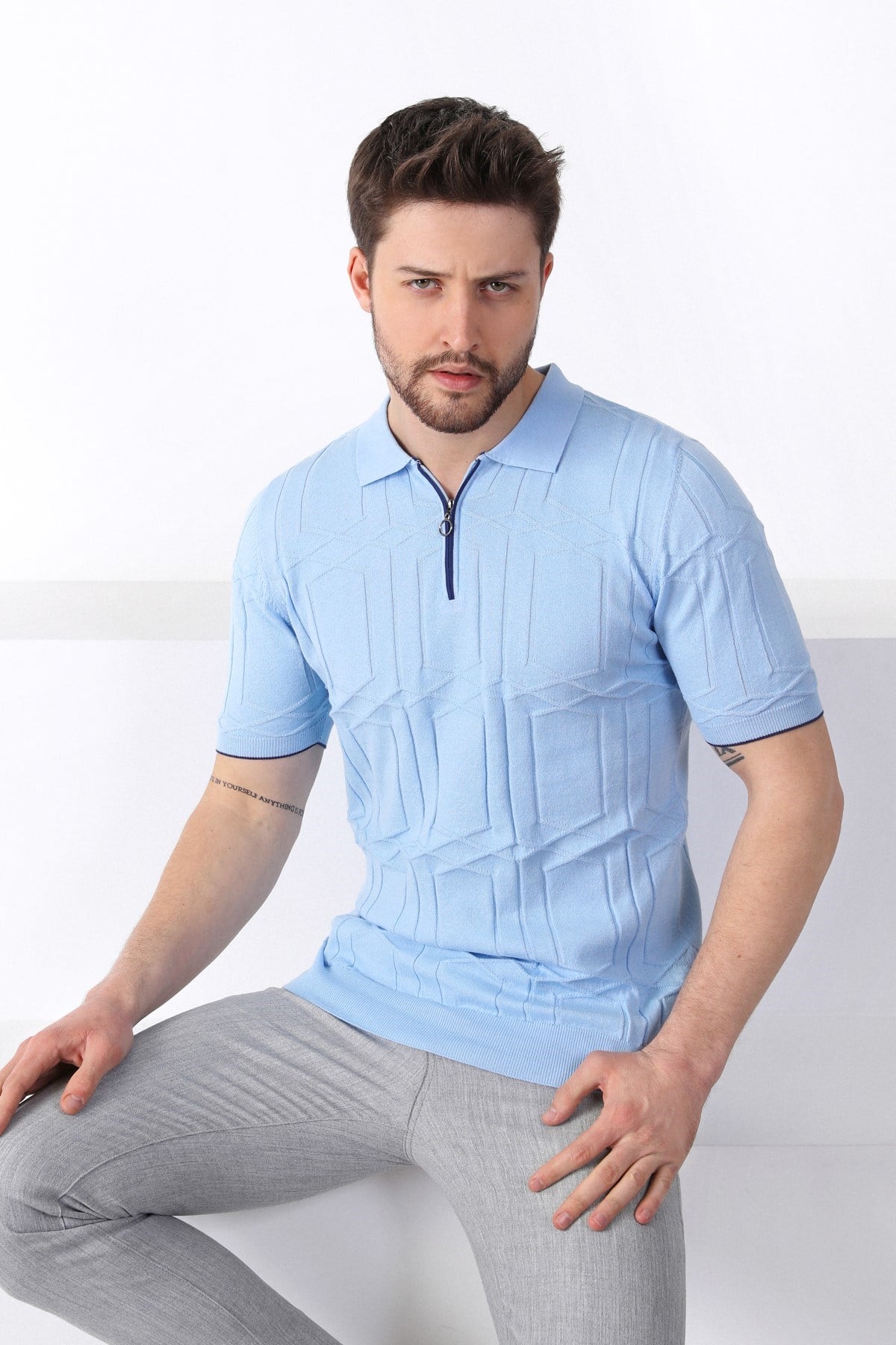 Ferraro Mavi Polo Yaka Fermuarlı Erkek Pamuk Triko T-Shirt