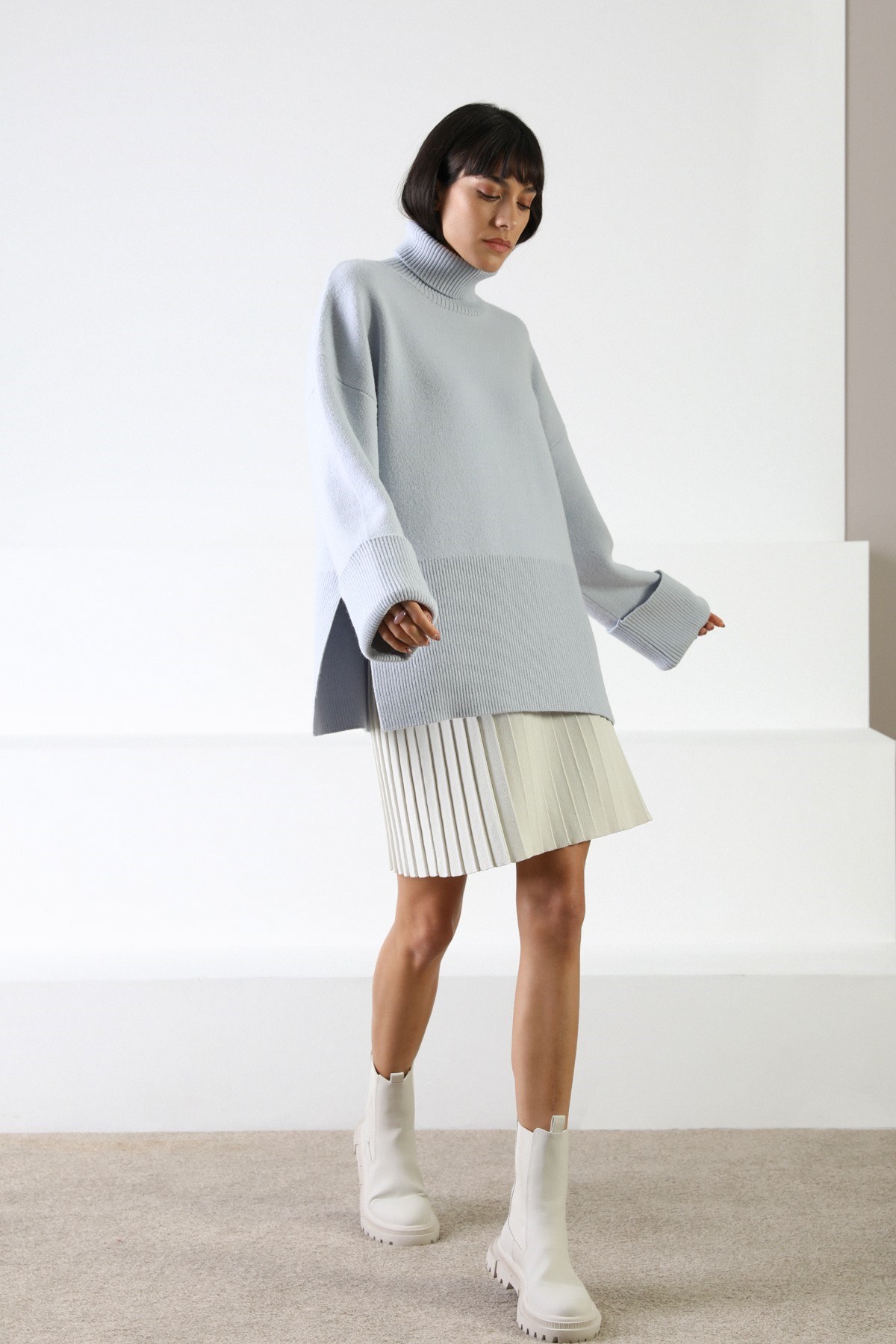 Ferraro Mavi Uzun Kollu Balıkçı Yaka Kaşmirli Kadın Triko Kazak