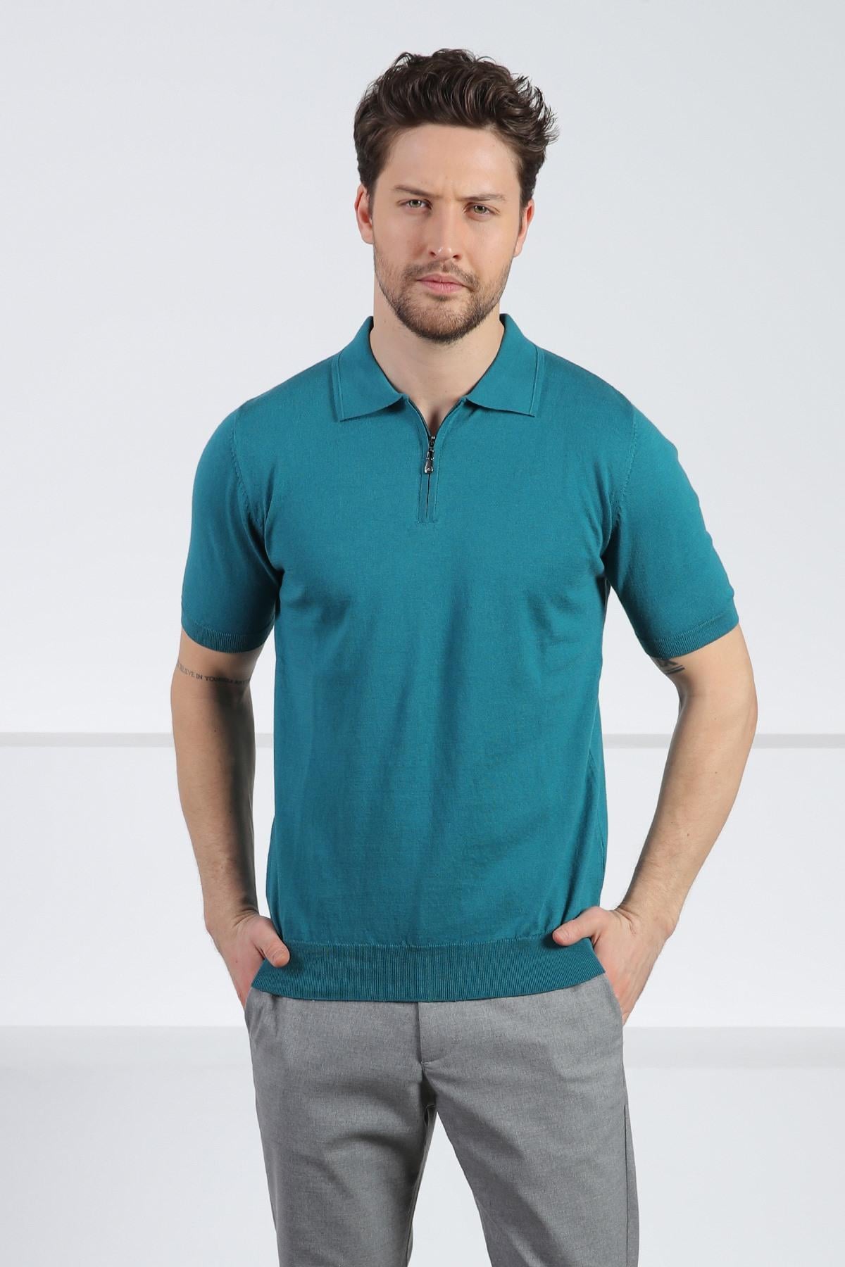 Ferraro Mercan Polo Yaka Fermuarlı Erkek Pamuk Triko T-Shirt