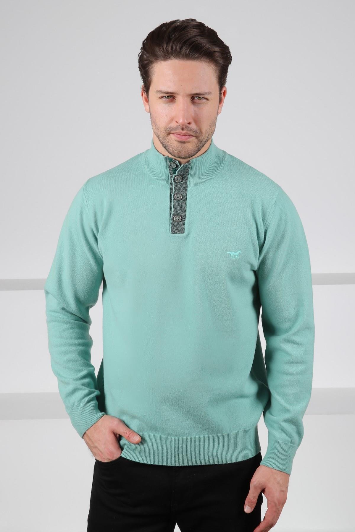 Ferraro Mint Yeşili Düğmeli Yarım Balıkçı Yaka Uzun Kollu %100 Kuzu Yünü Erkek Triko Kazak