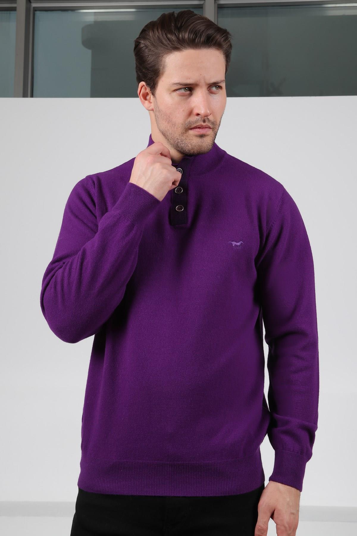 Ferraro Mor Düğmeli Yarım Balıkçı Yaka Uzun Kollu %100 Kuzu Yünü Erkek Triko Kazak