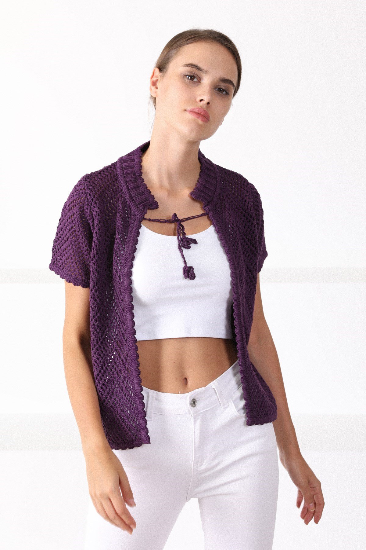 Ferraro Mürdüm Yuvarlak Yaka Pamuklu Kadın Triko Hırka