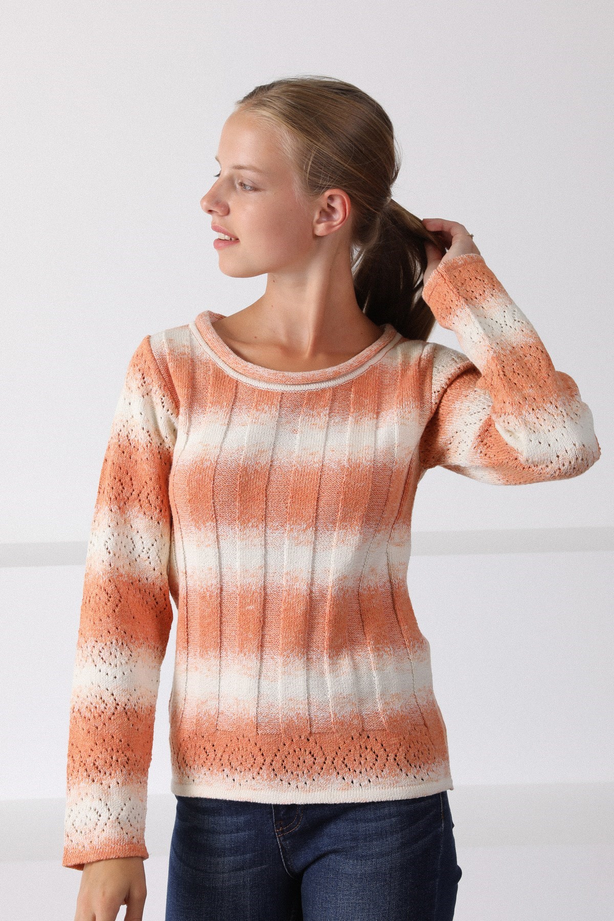 Ferraro Orange Yuvarlak Yaka Pamuklu Çizgili Kadın Triko Kazak