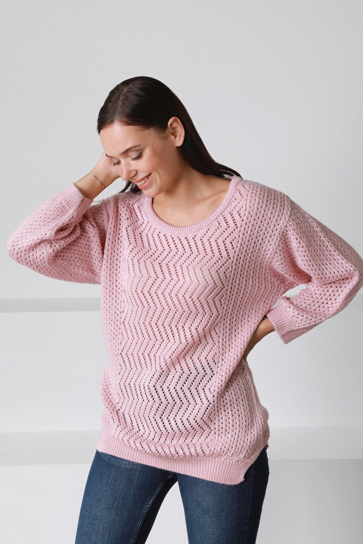 Ferraro Pembe O Yaka Ajurlu Yünlü Kadın Triko Kazak