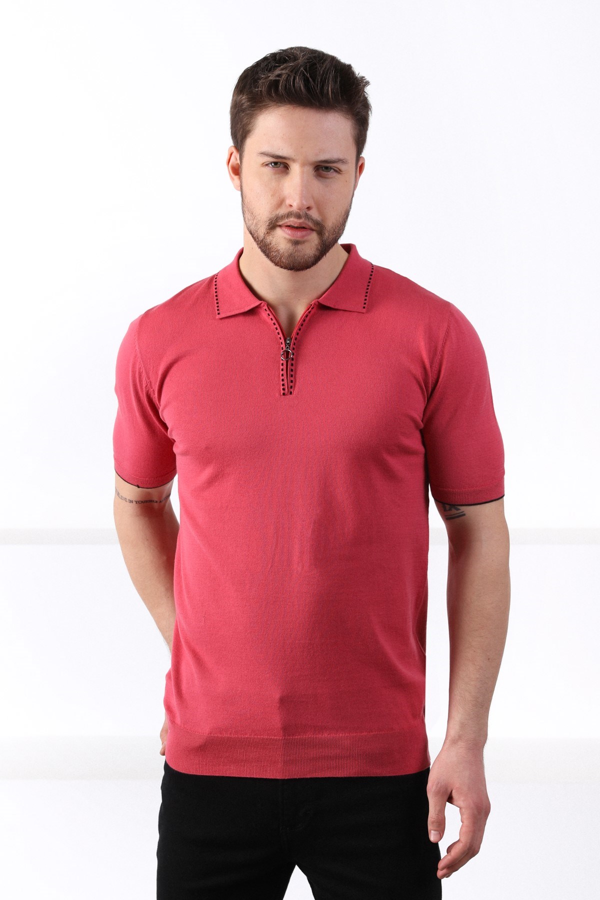 Ferraro Pembe Polo Yaka Fermuarlı Erkek Pamuk Triko T-Shirt