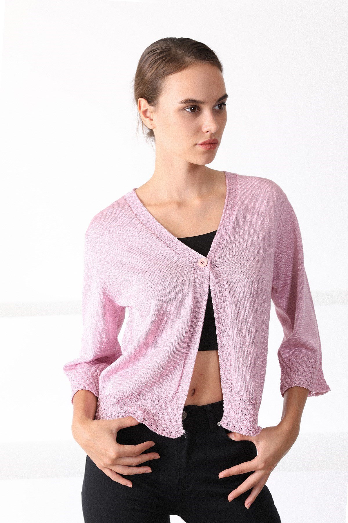 Ferraro Pembe V Yaka Tek Düğmeli Kadın Triko Hırka