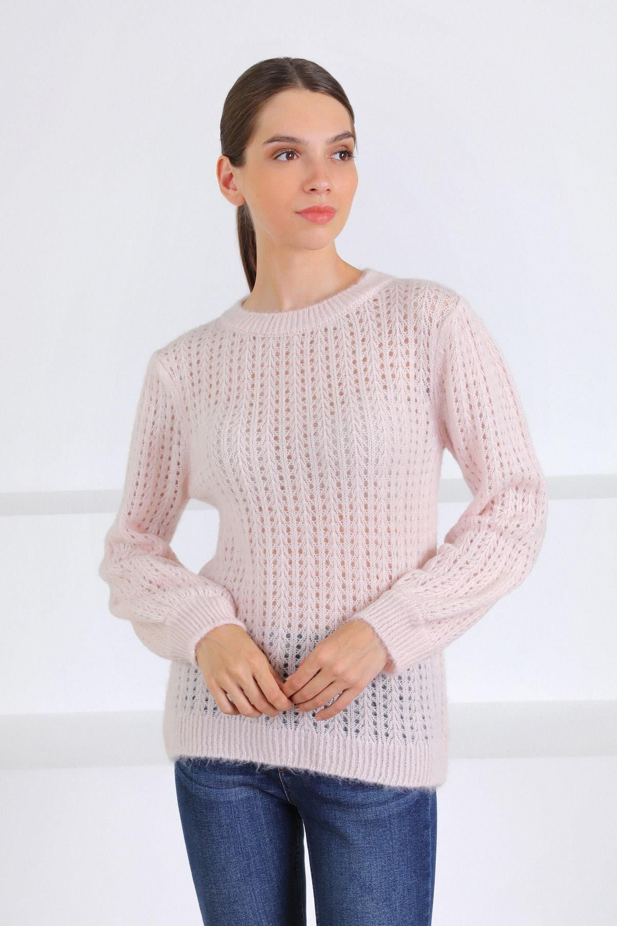 Ferraro Pembe Yün Karışımlı Ajurlu Örgü Kadın Triko Kazak