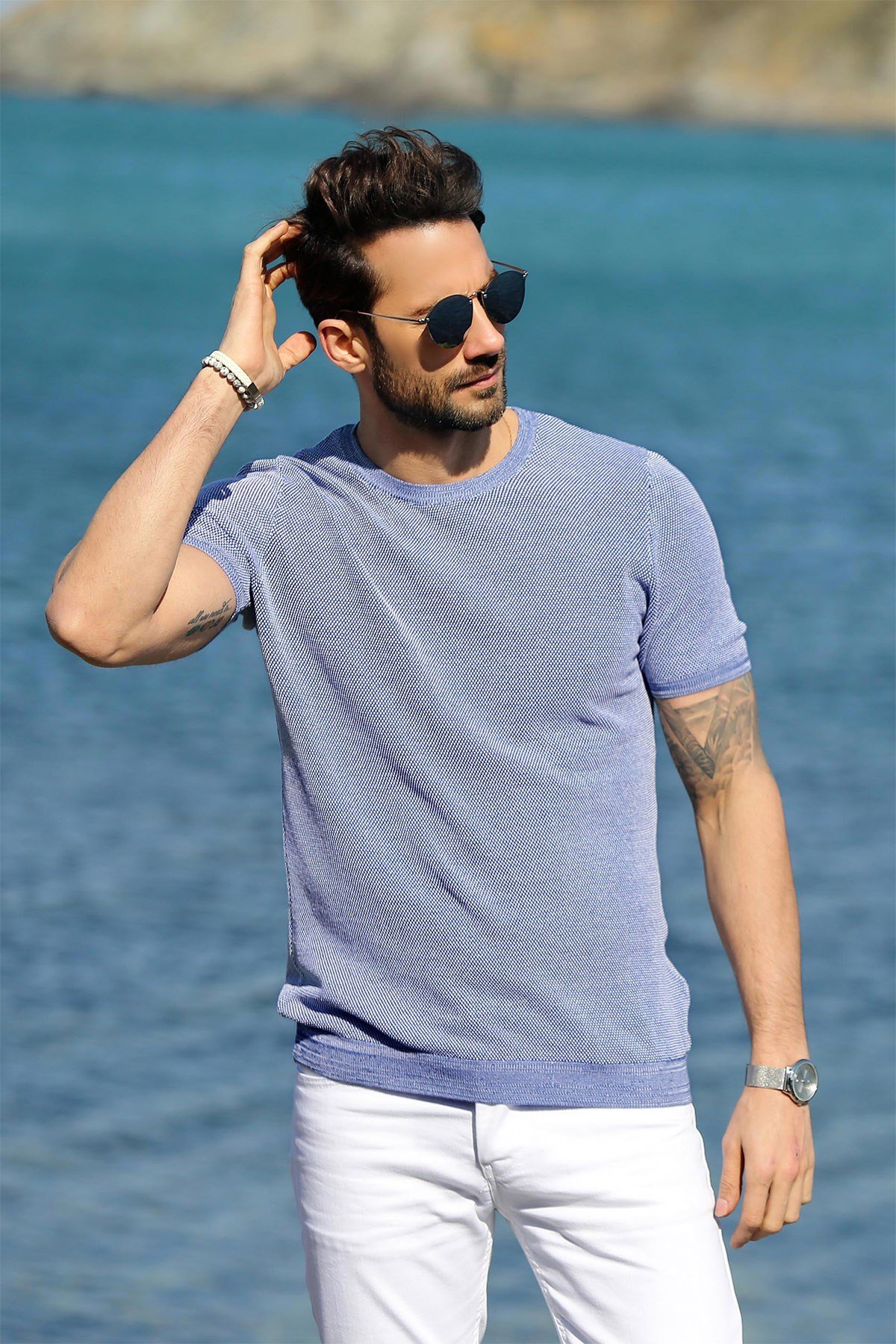 Ferraro Saks/Beyaz Kuşgözü Desenli Bisiklet Yaka Erkek Triko T-Shirt