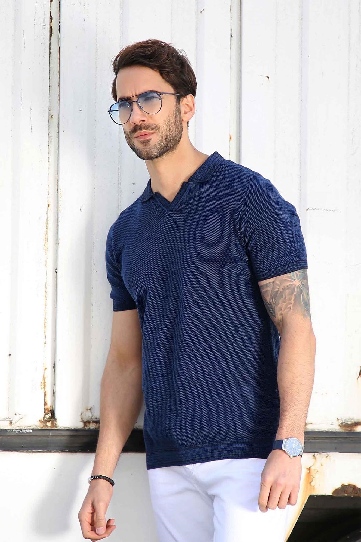 Ferraro Saks/Siyah Kuşgözü Desenli Polo Yaka Erkek Triko T-Shirt