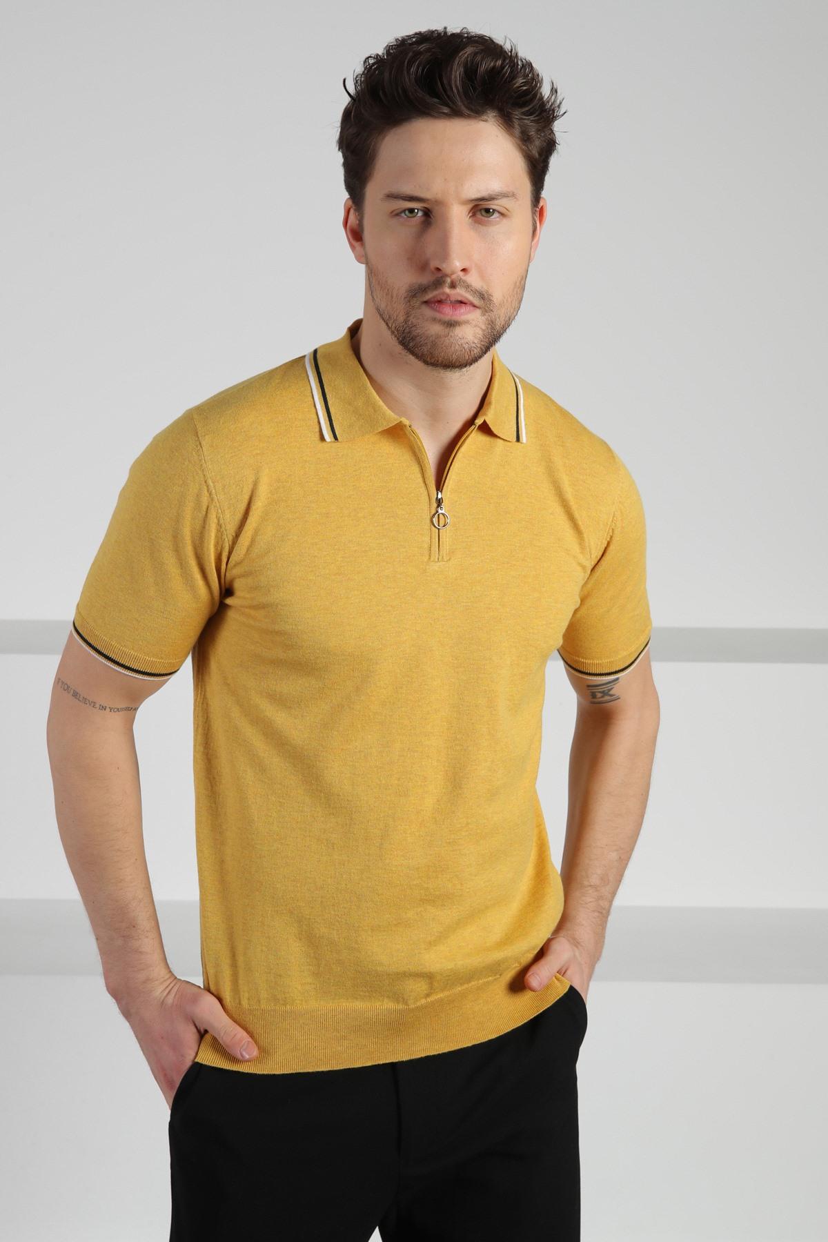 Ferraro Sarı Polo Yaka Fermuarlı Erkek Pamuk Triko T-Shirt