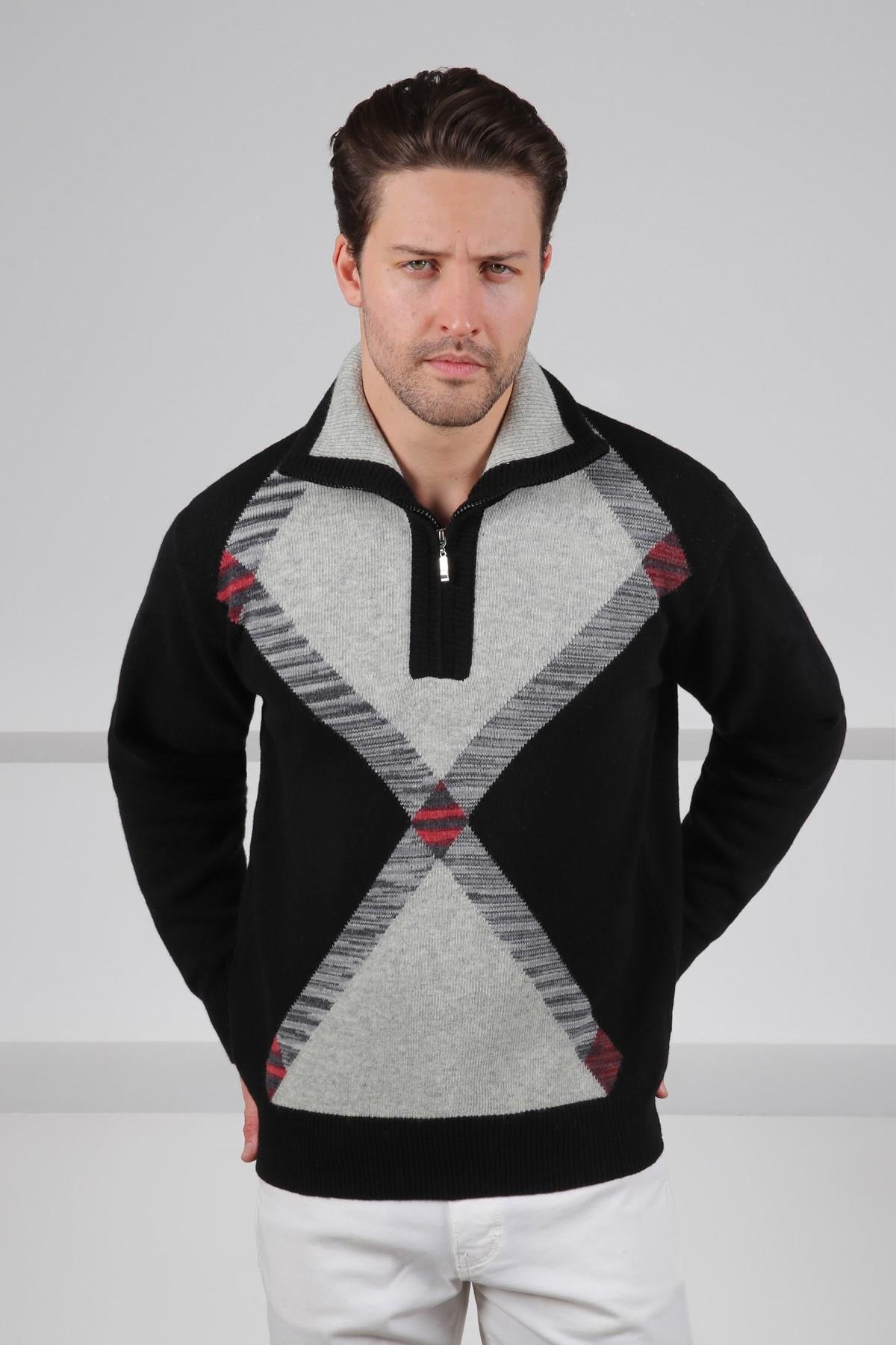 Ferraro Siyah Balıkçı Yaka Fermuarlı Geometrik Desenli Uzun Kollu %100 Kuzu Yünü Erkek Triko Kazak