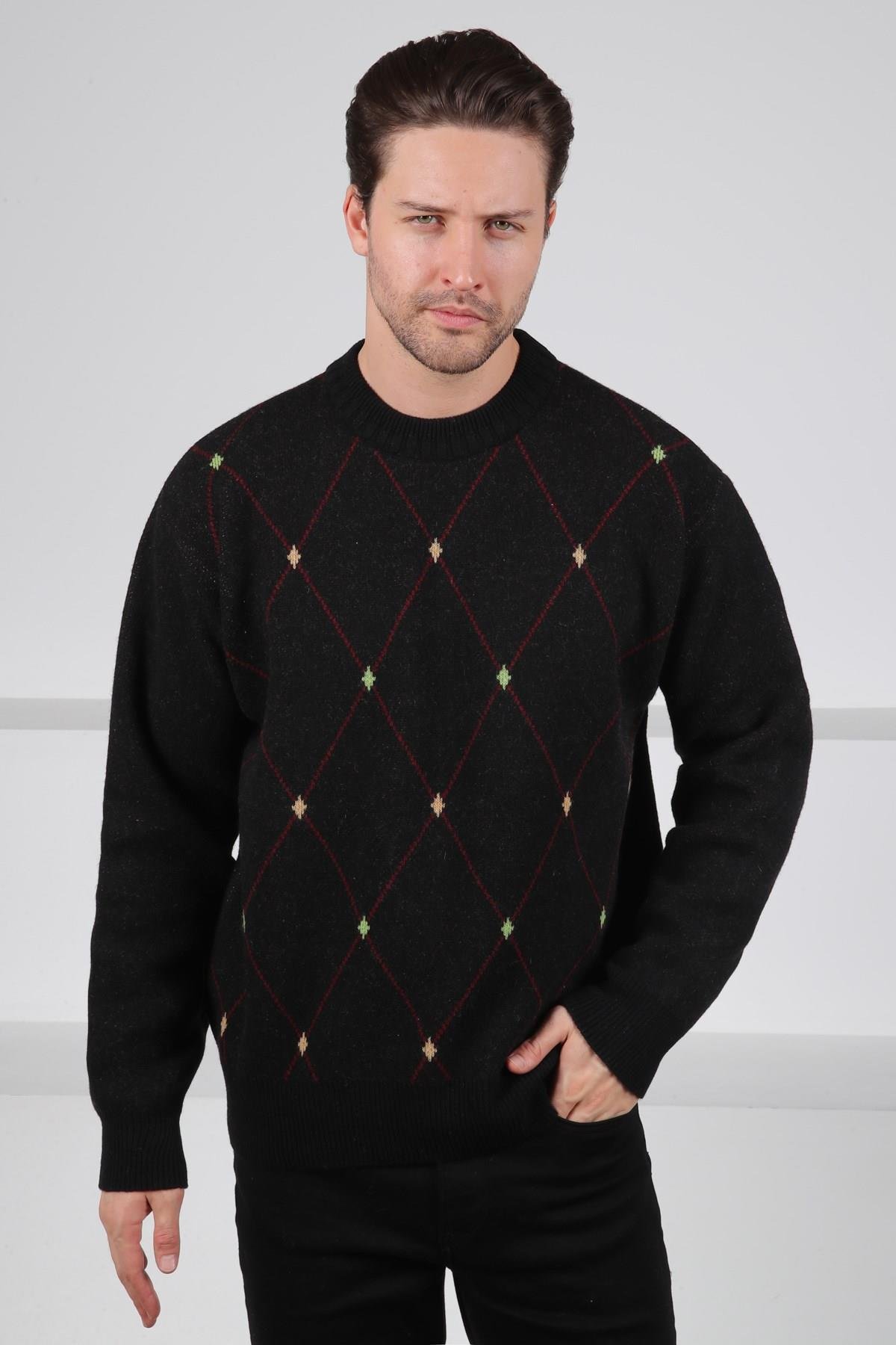 Ferraro Siyah Bisiklet Yaka Geometrik Baklava Desenli Uzun Kollu %100 Kuzu Yünü Erkek Triko Kazak