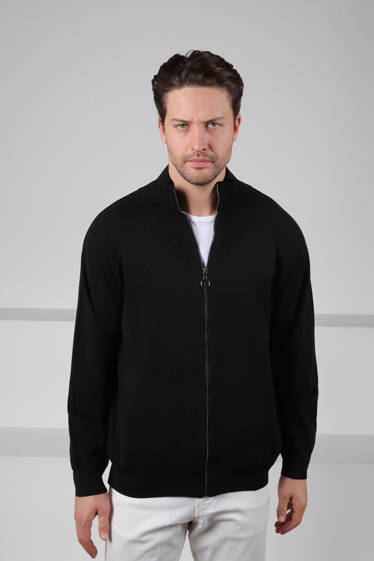 Ferraro Siyah Dik Yaka Fermuarlı Cepli Uzun Kollu %100 Pamuk Erkek Triko Hırka