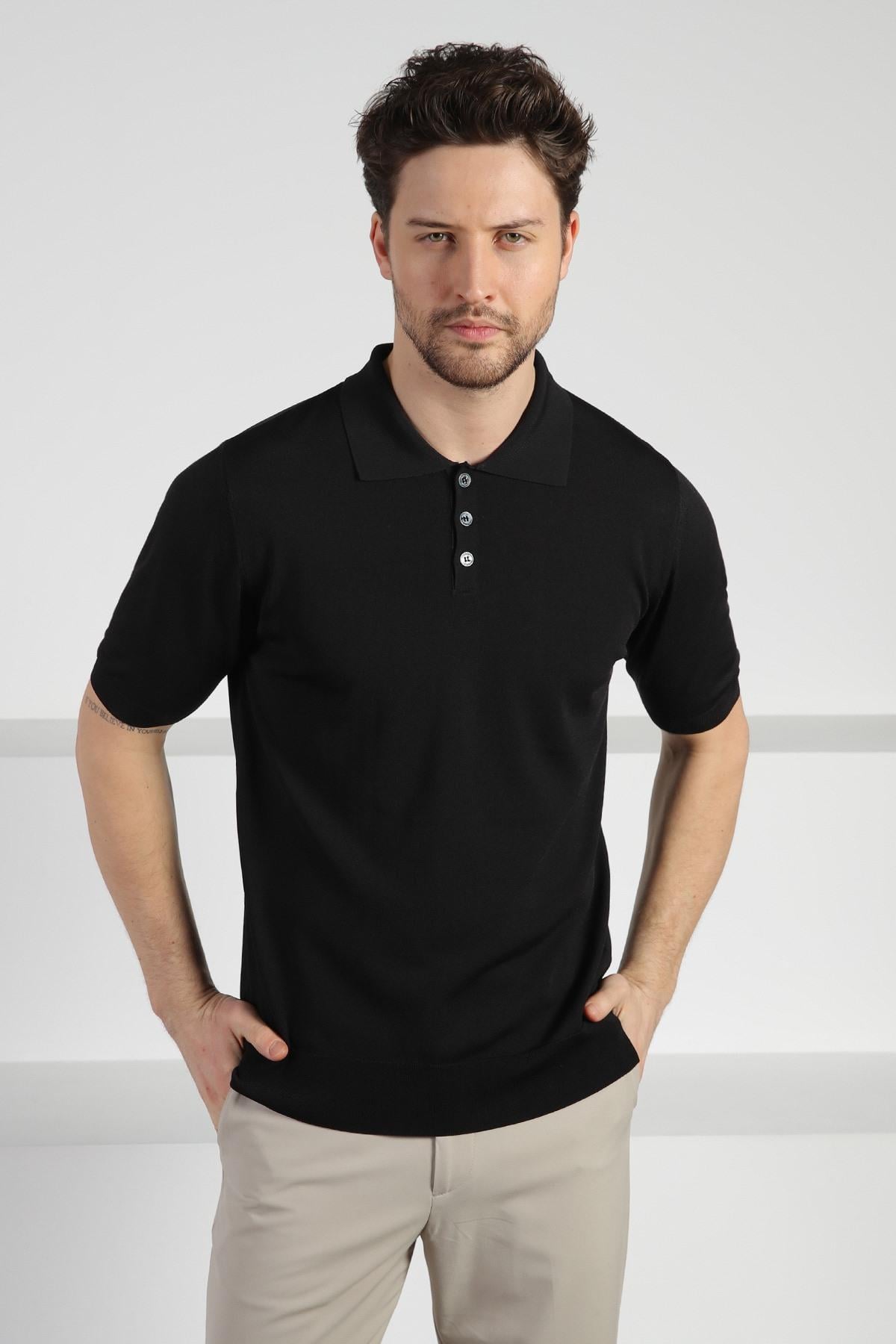 Ferraro Siyah Düğmeli Polo Yaka Erkek Rayon Triko T-Shirt