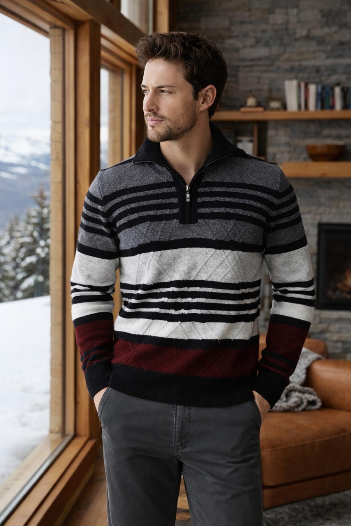 Ferraro Siyah Fermuarlı Dik Yaka %100 Kuzu Yünü Erkek Kazak