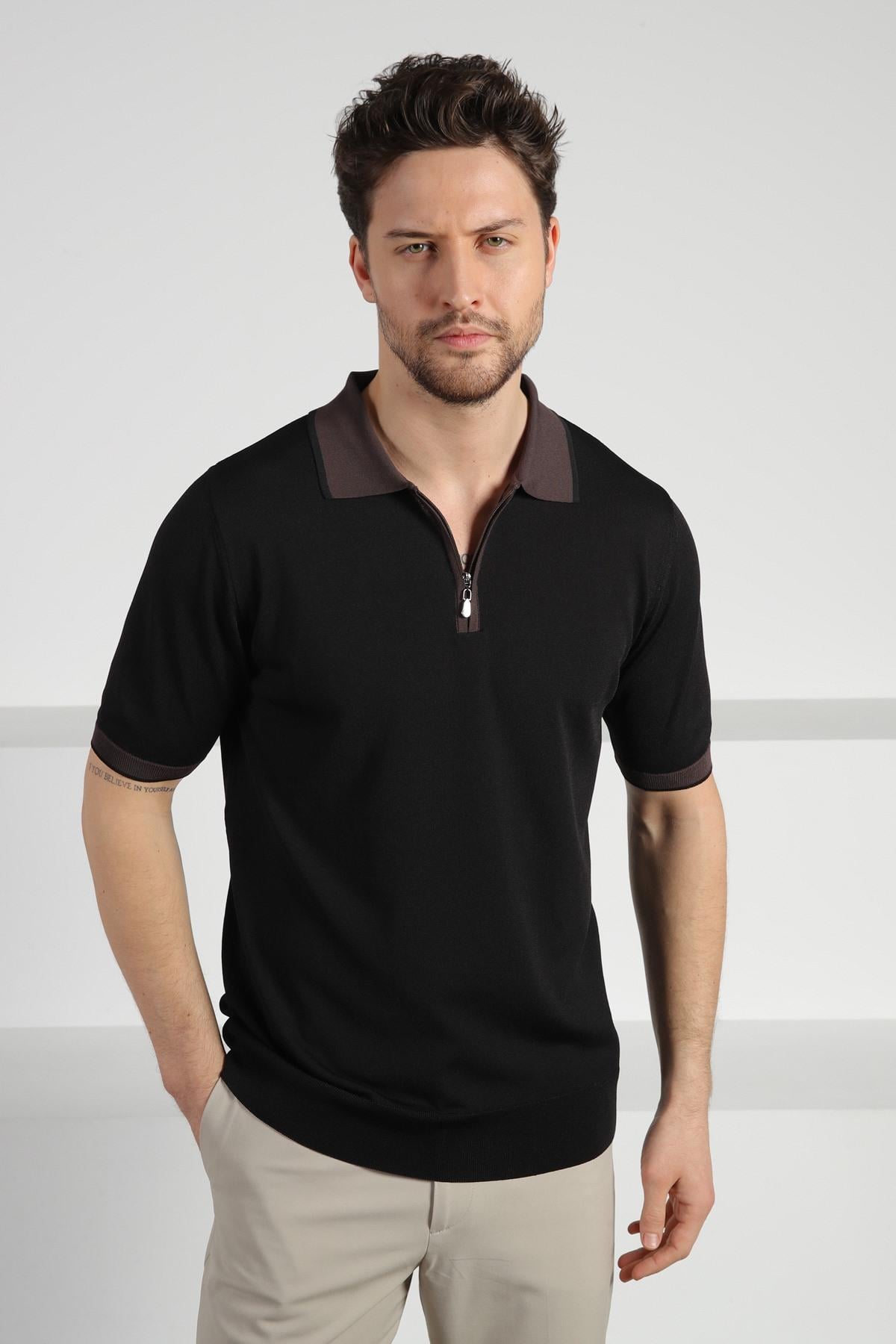 Ferraro Siyah Fermuarlı Polo Yaka Erkek Rayon Triko T-Shirt