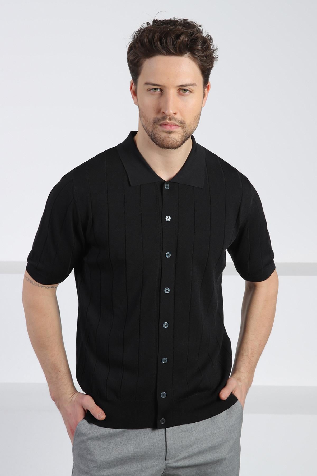 Ferraro Siyah Önü Düğmeli Polo Yaka Erkek Rayon Triko T-Shirt