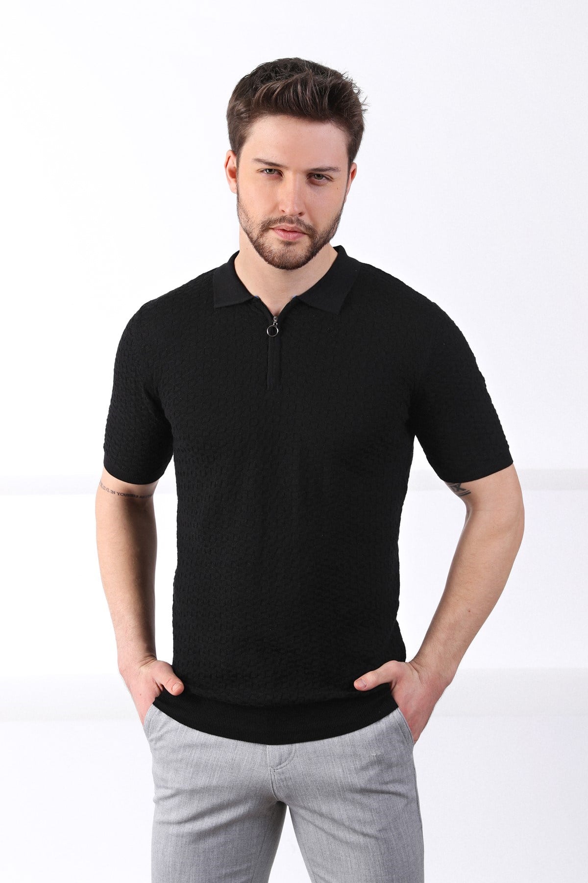 Ferraro Siyah Polo Yaka Fermuarlı Erkek Pamuk Triko T-Shirt