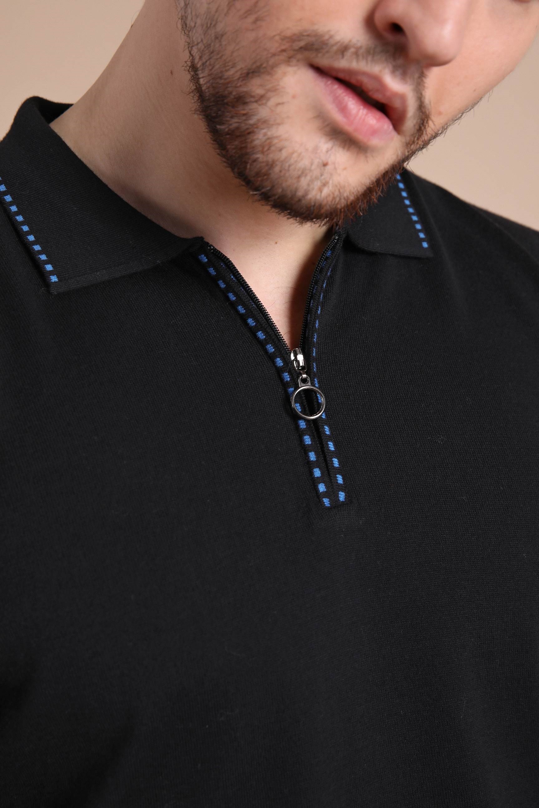 Ferraro Siyah Polo Yaka Fermuarlı Erkek Pamuk Triko T-Shirt