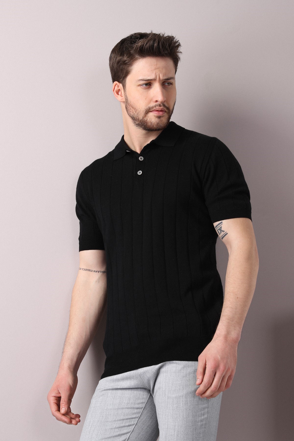Ferraro Siyah Polo Yaka Fitilli Erkek Pamuk Triko T-Shirt