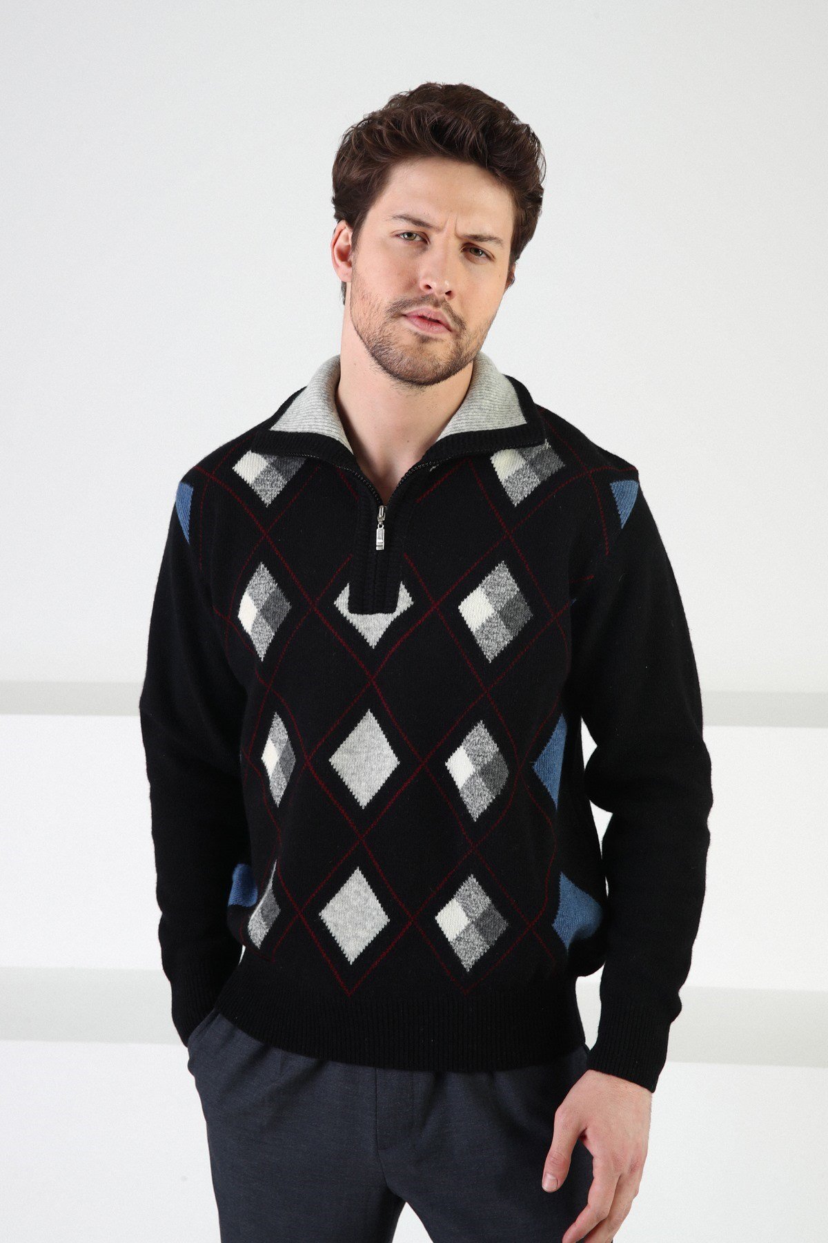 Ferraro Siyah/İndigo Fermuarlı Dik Yaka %100 Kuzu Yünü Erkek Kazak